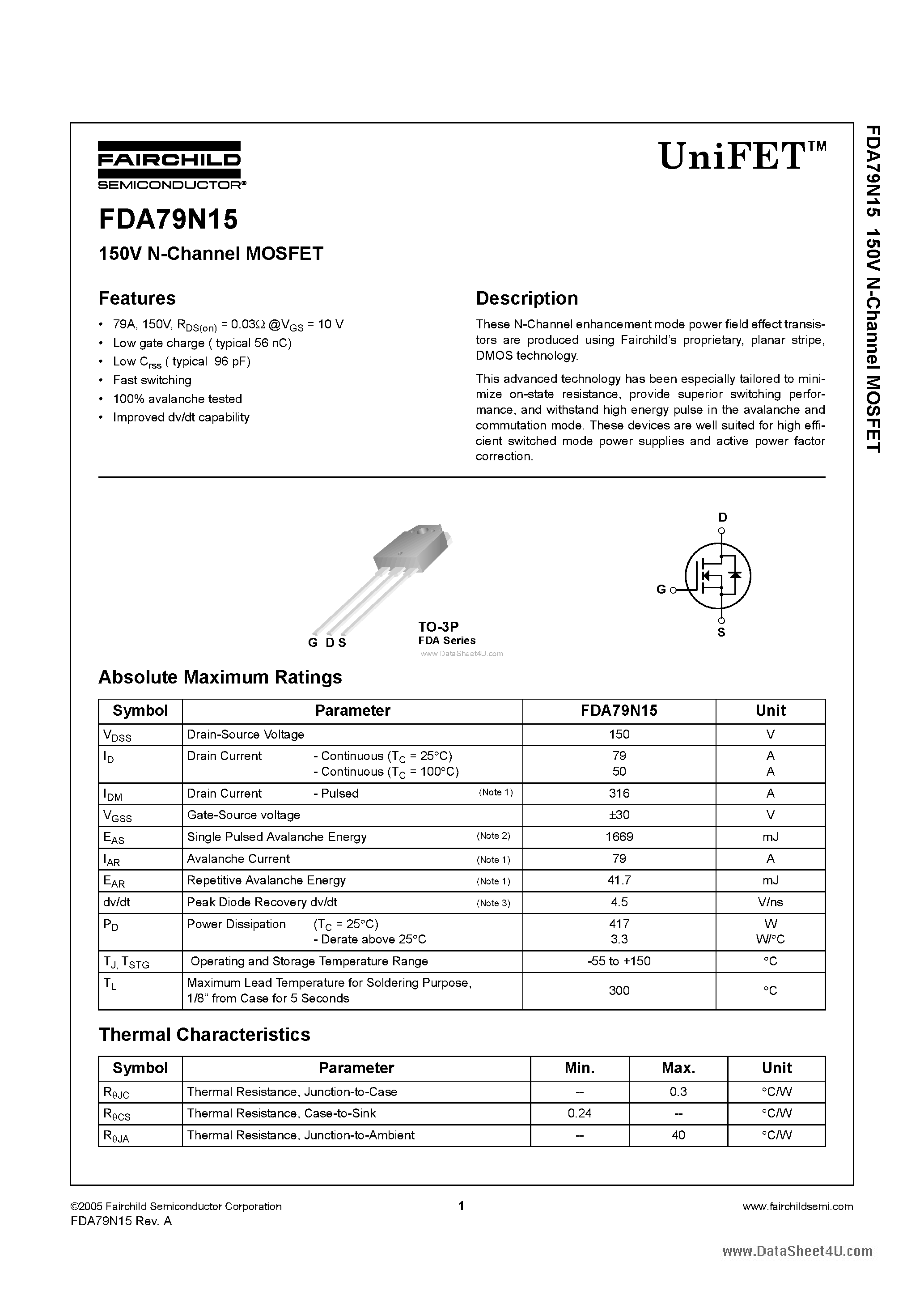 Datasheet FDA79N15 - N-Channel MOSFET page 1