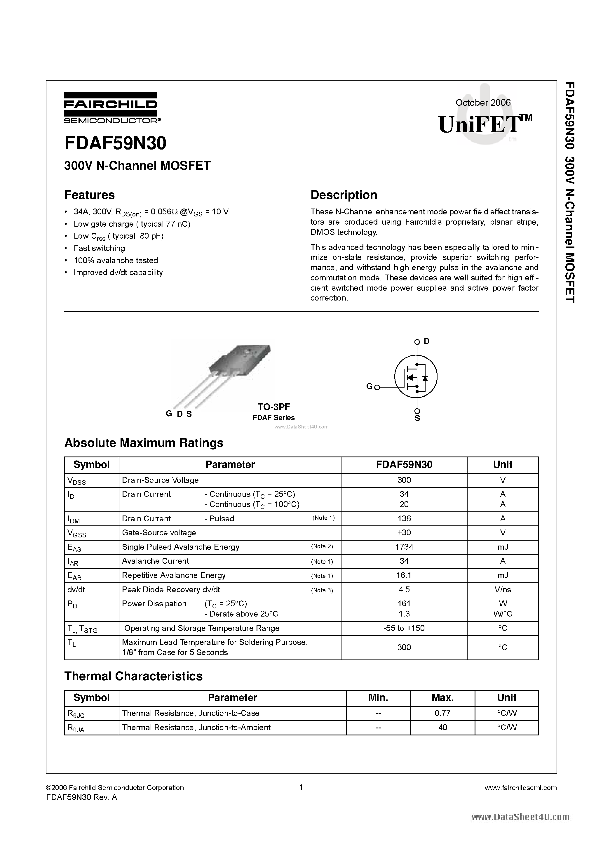 Datasheet FDAF59N30 - N-Channel MOSFET page 1