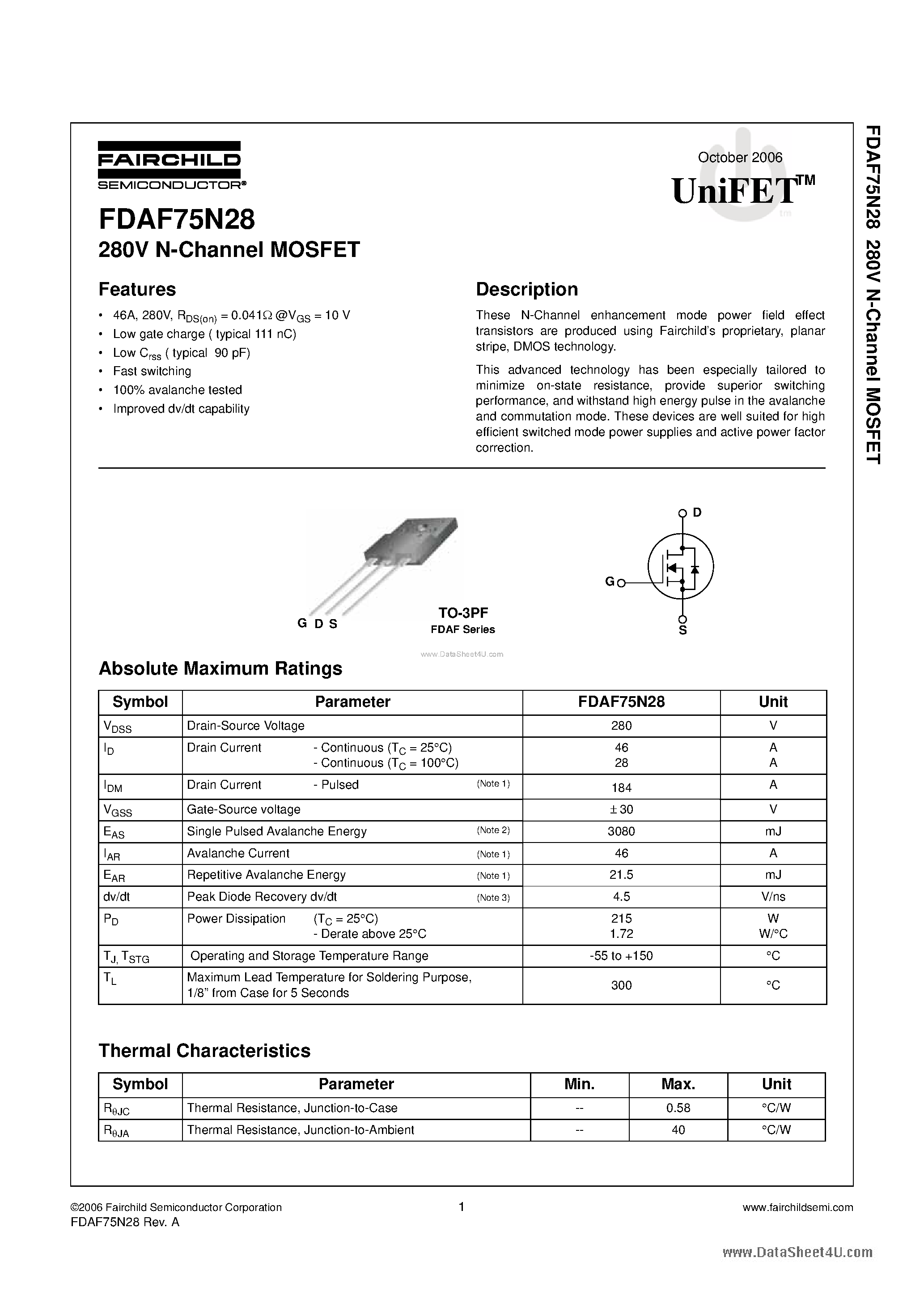 Datasheet FDAF75N28 - N-Channel MOSFET page 1