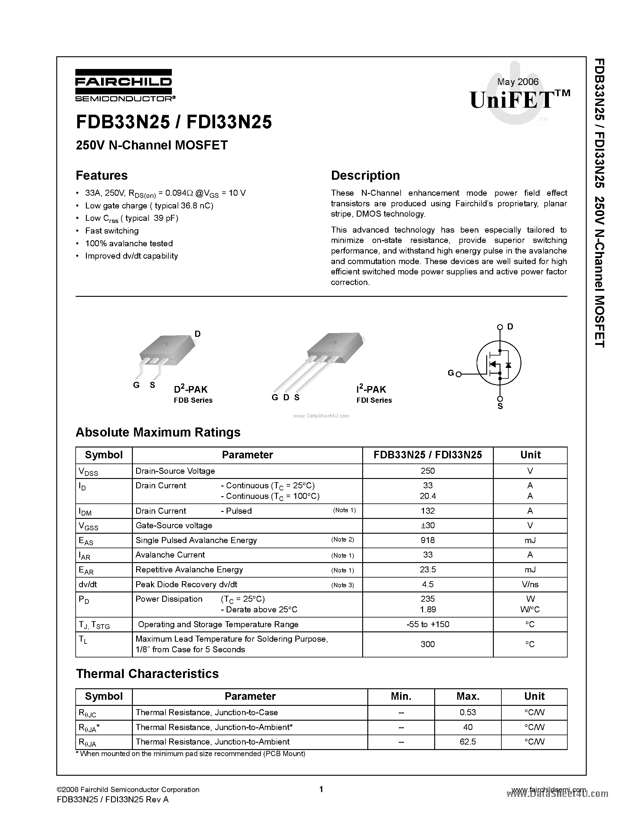 Datasheet FDI33N25 - N-Channel MOSFET page 1