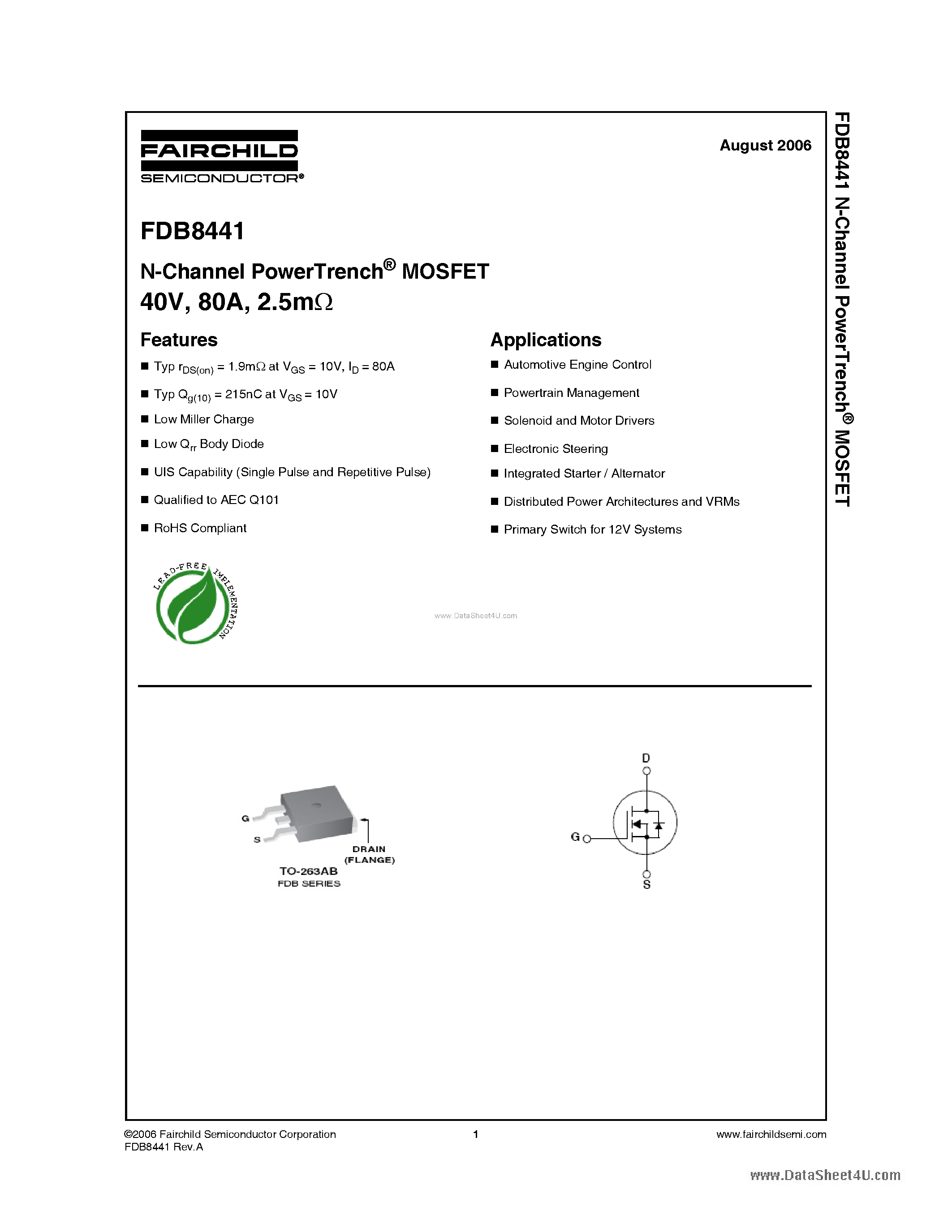Datasheet FDB8441 - N-Channel MOSFET page 1
