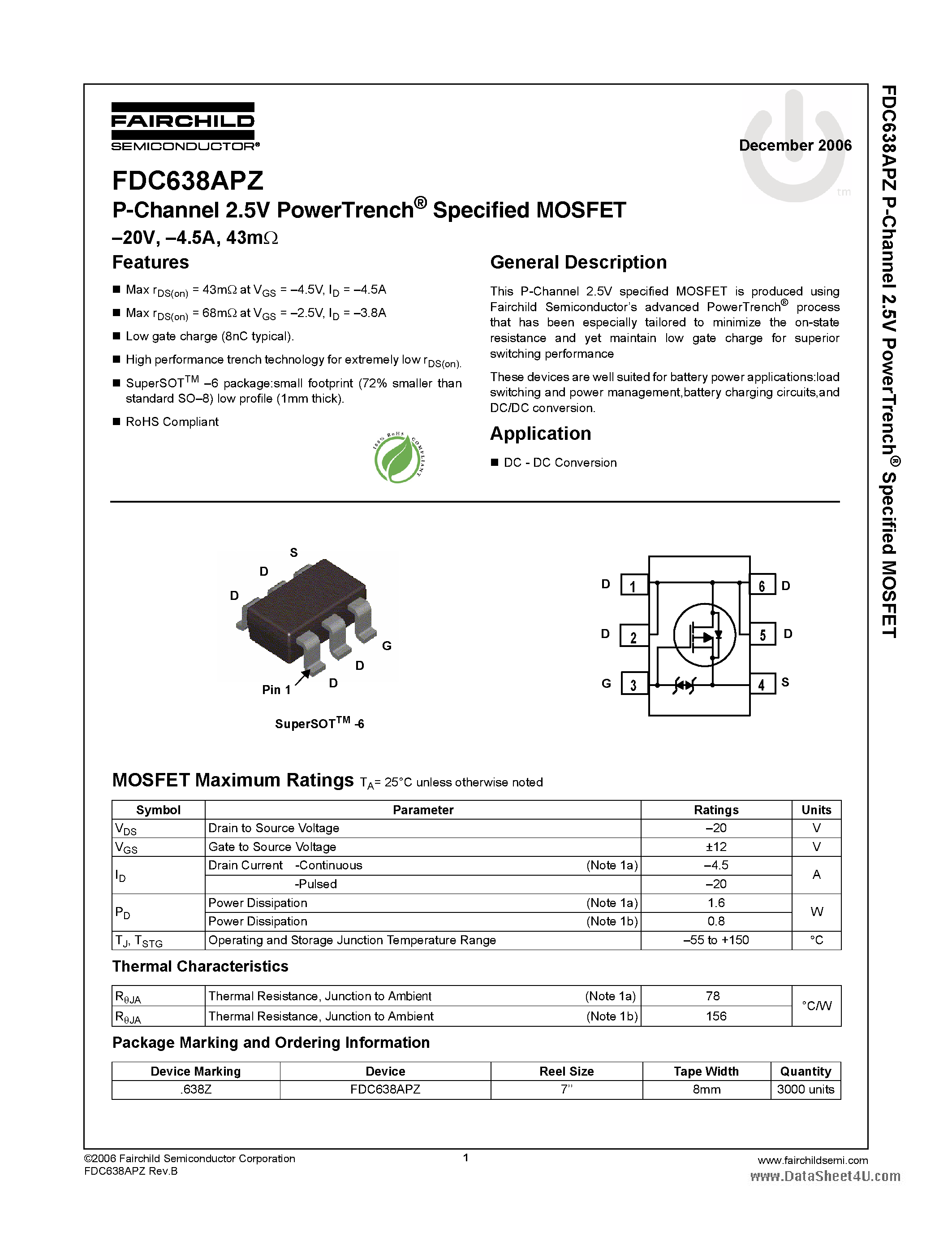 Datasheet FDC638APZ - N-Channel MOSFET page 1
