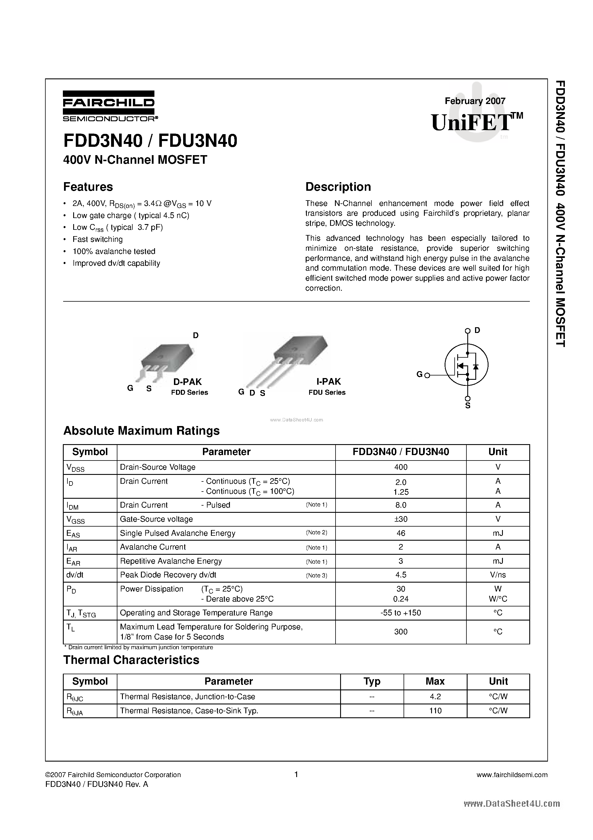 Datasheet FDU3N40 - N-Channel MOSFET page 1