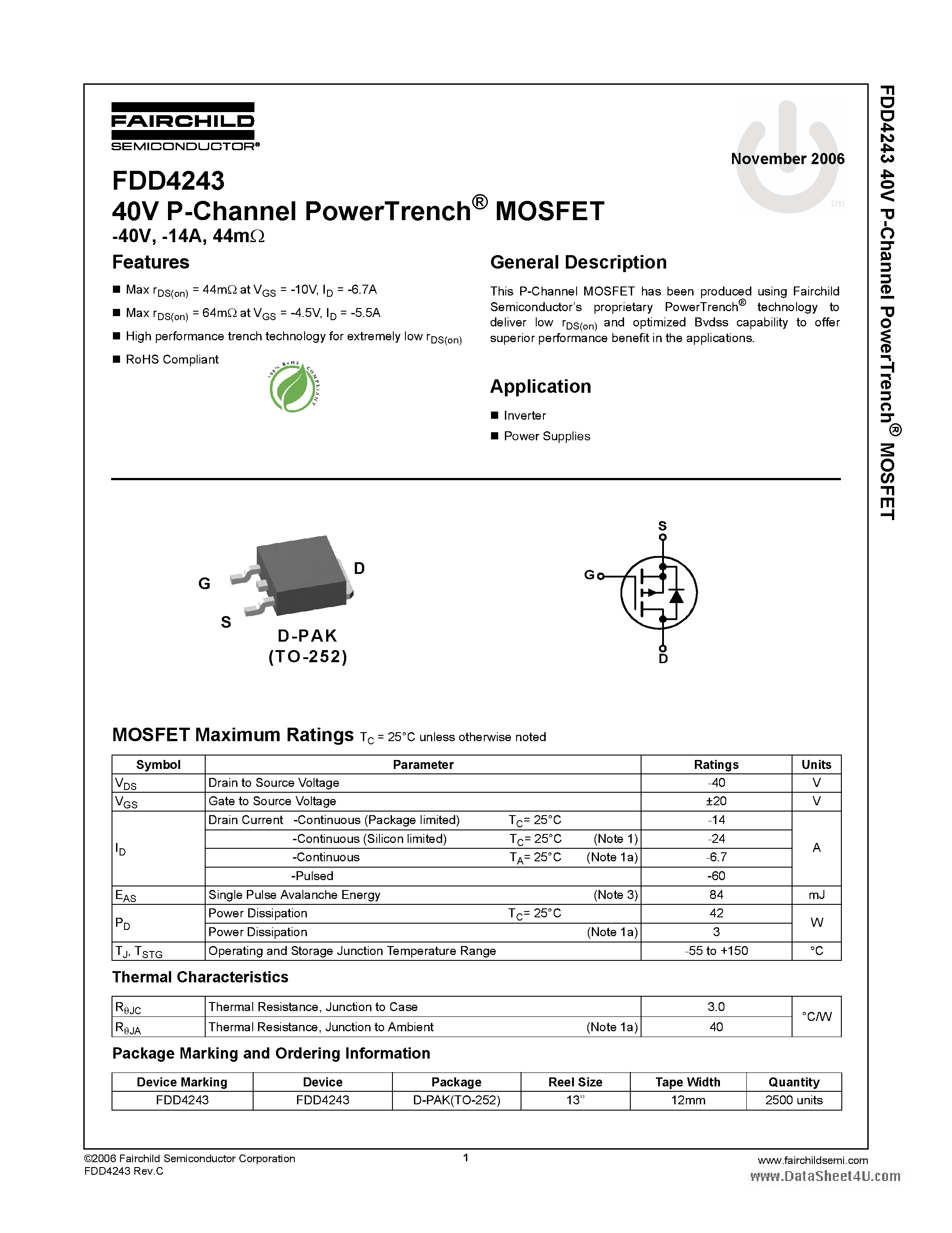 Datasheet FDD4243 page 1 Datasheet FDD4243 - N-Channel MOSFET page 1