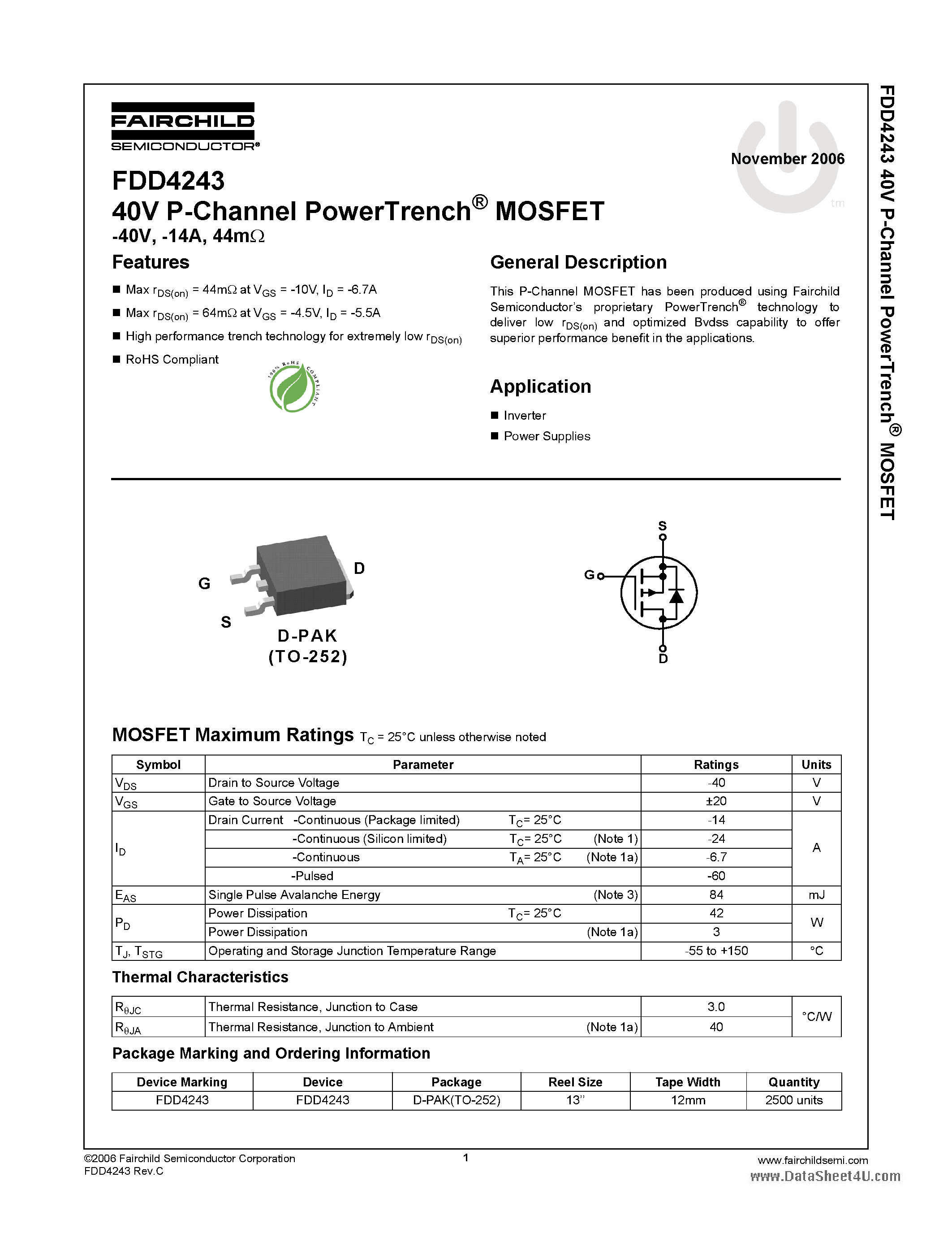 Даташит FDD4243 - N-Channel MOSFET страница 1