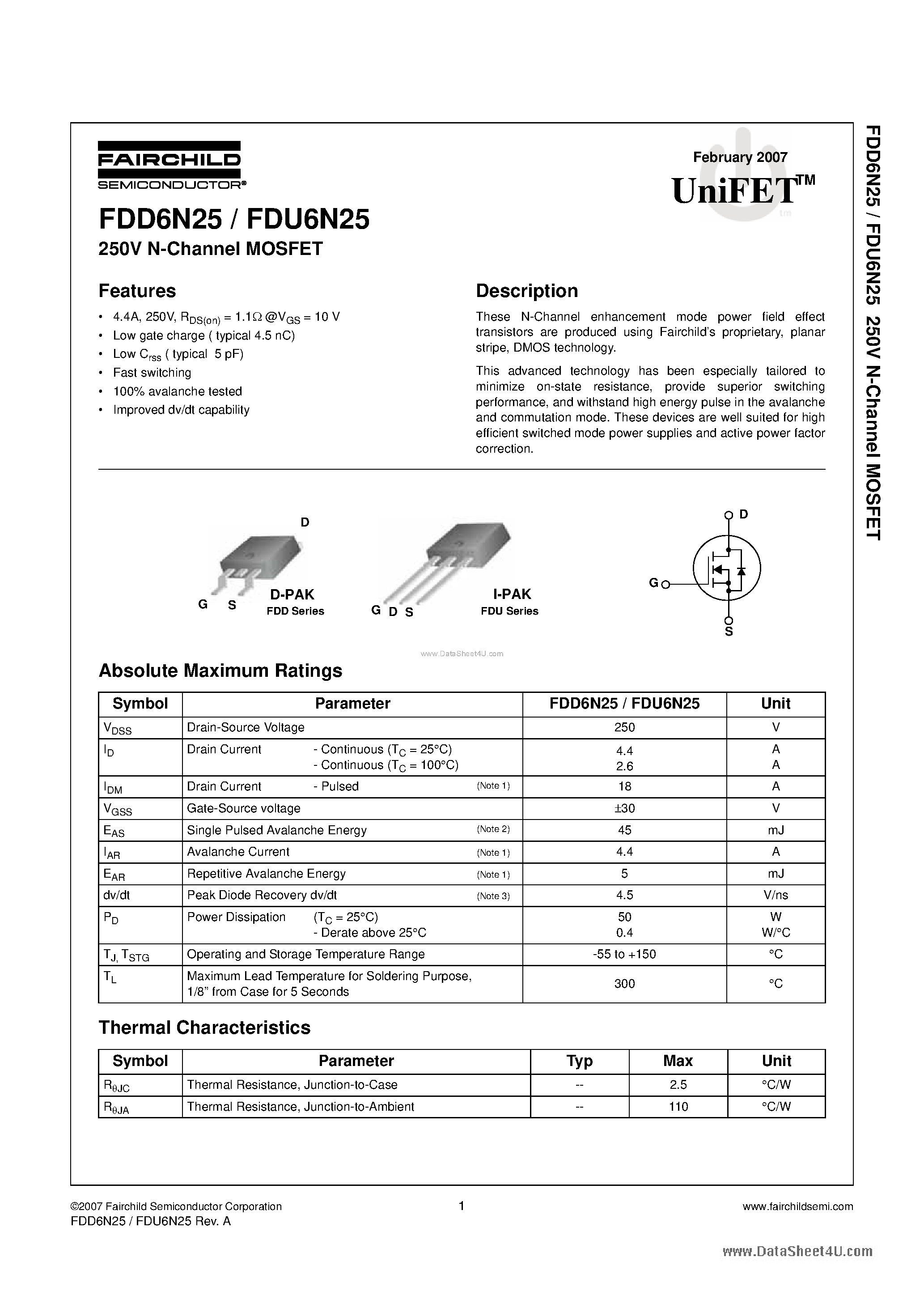 Datasheet FDU6N25 - N-Channel MOSFET page 1