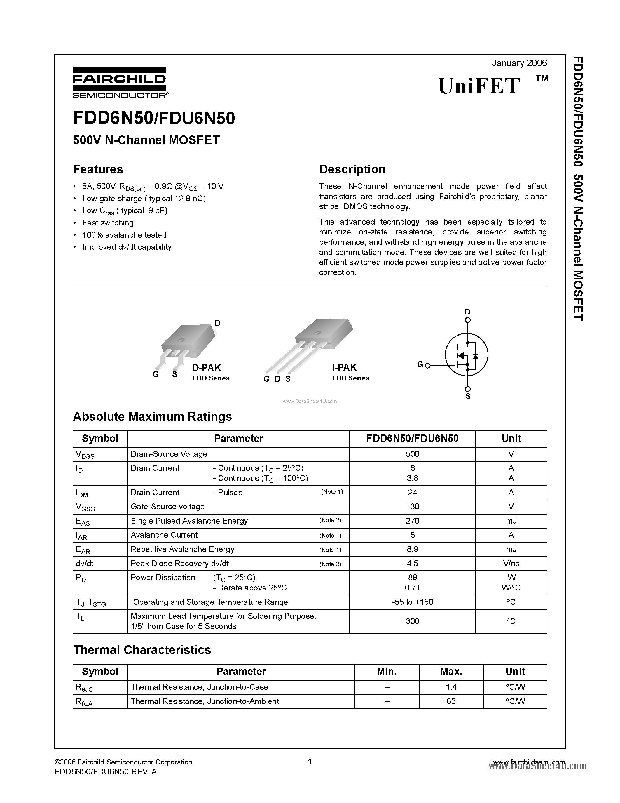 Datasheet FDD6N50 page 1 Datasheet FDD6N50 - N-Channel MOSFET page 1