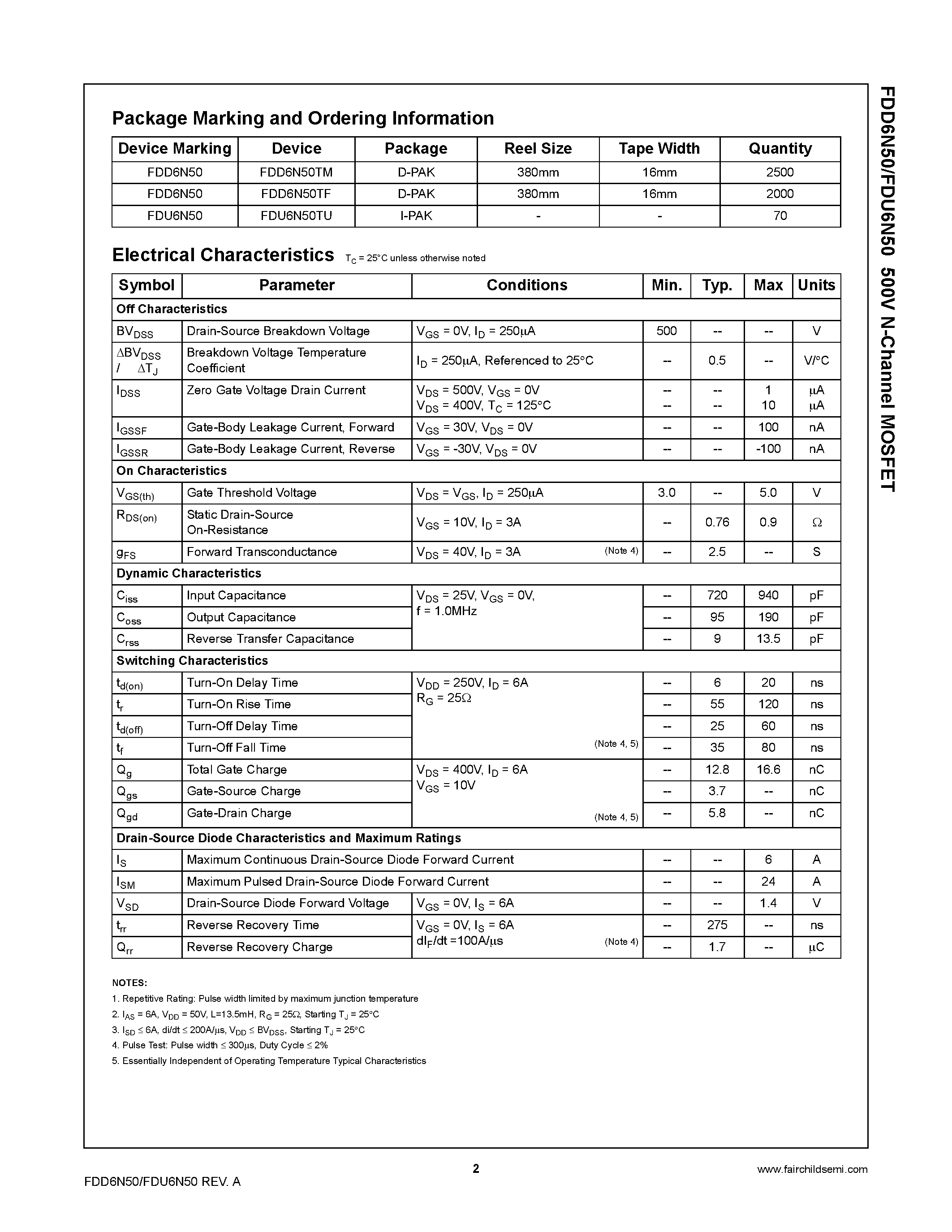 Datasheet FDD6N50 page 2 Datasheet FDD6N50 - N-Channel MOSFET page 2