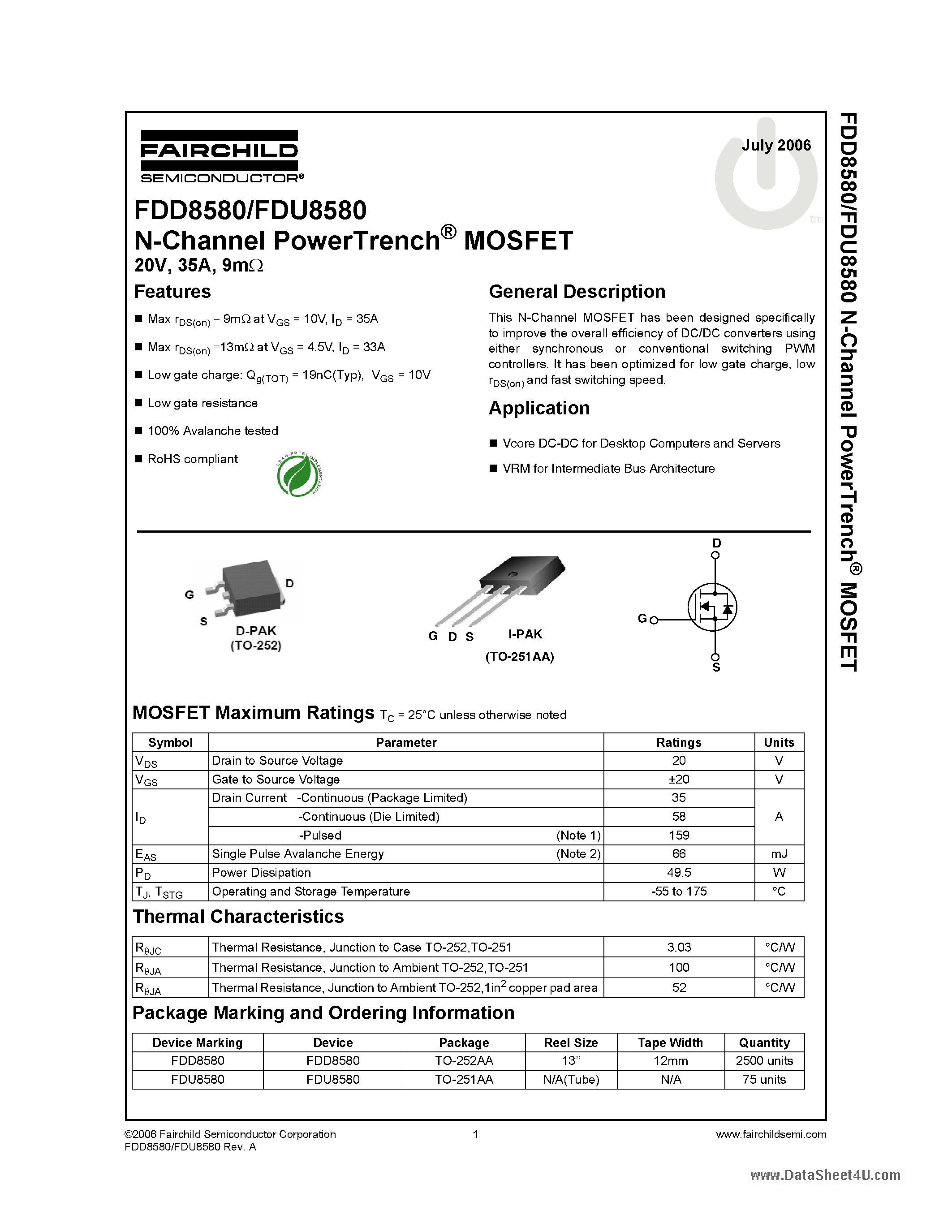 Datasheet FDU8580 - N-Channel MOSFET page 1