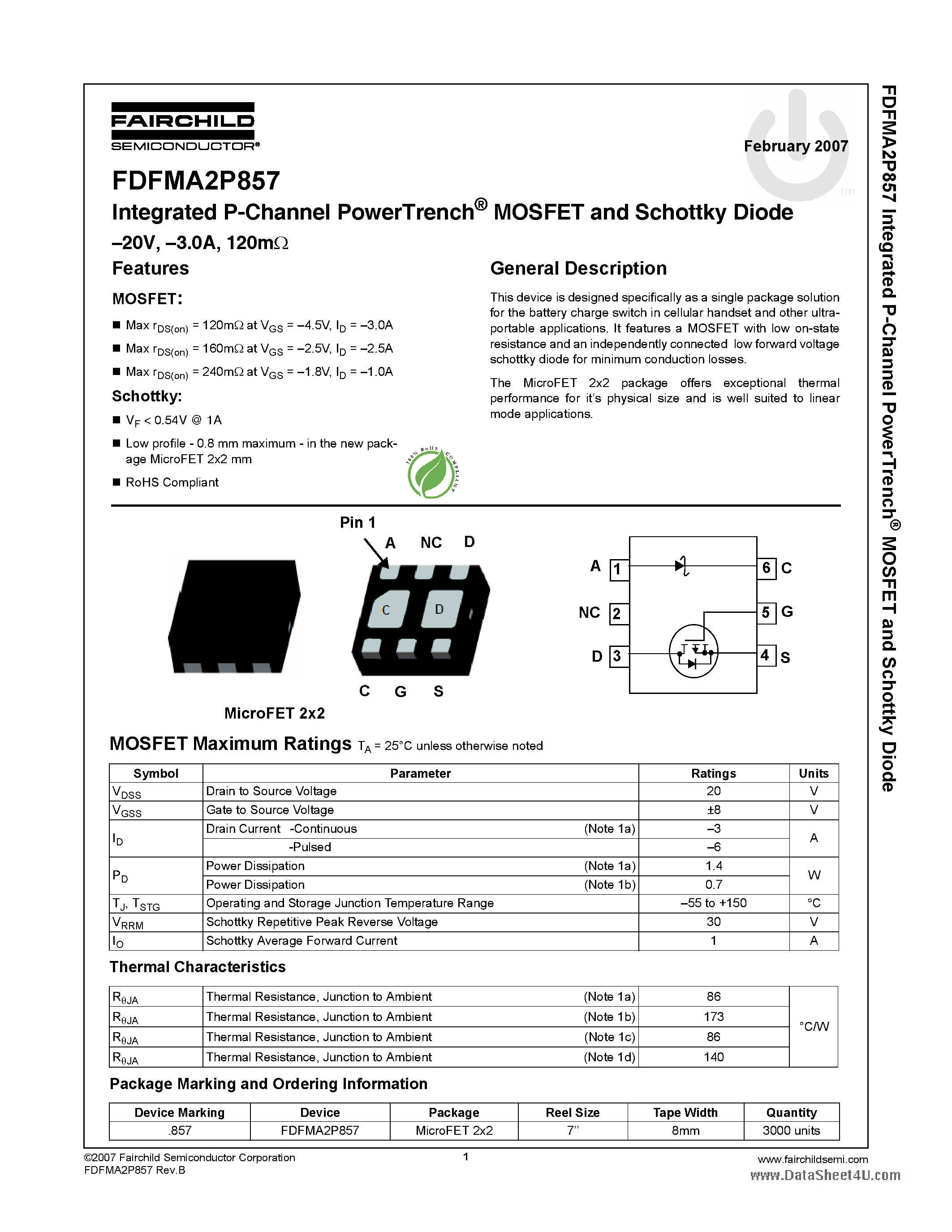 Даташит FDFMA2P857 - Integrated P-Channel PowerTrench MOSFET and Schottky Diode страница 1