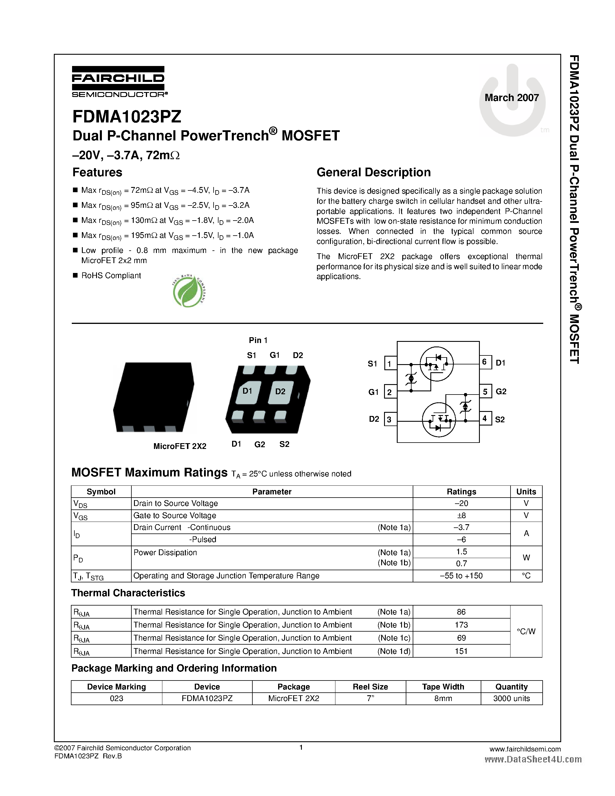 Datasheet FDMA1023PZ - Dual P-Channel PowerTrench MOSFET page 1