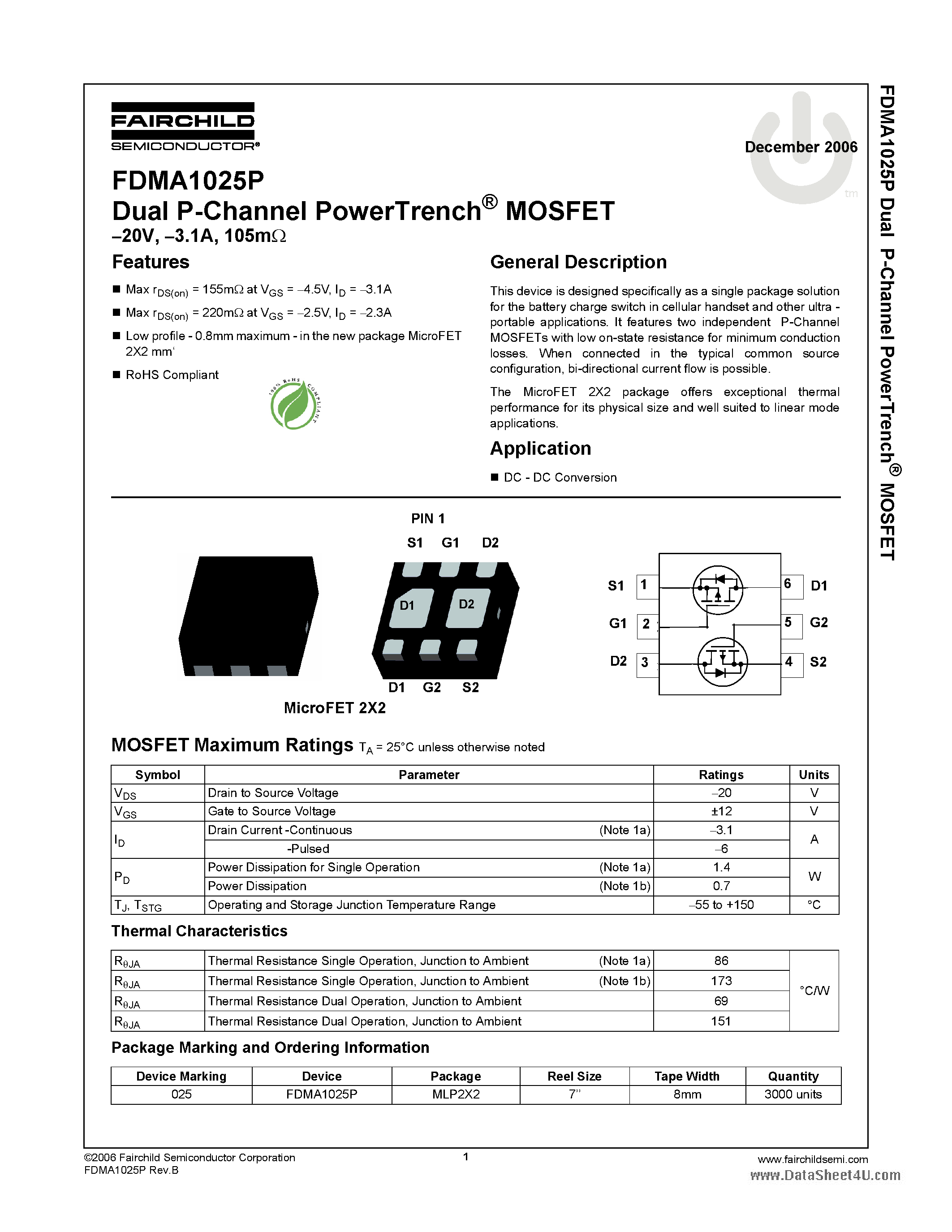 Datasheet FDMA1025P - Dual P-Channel PowerTrench MOSFET page 1