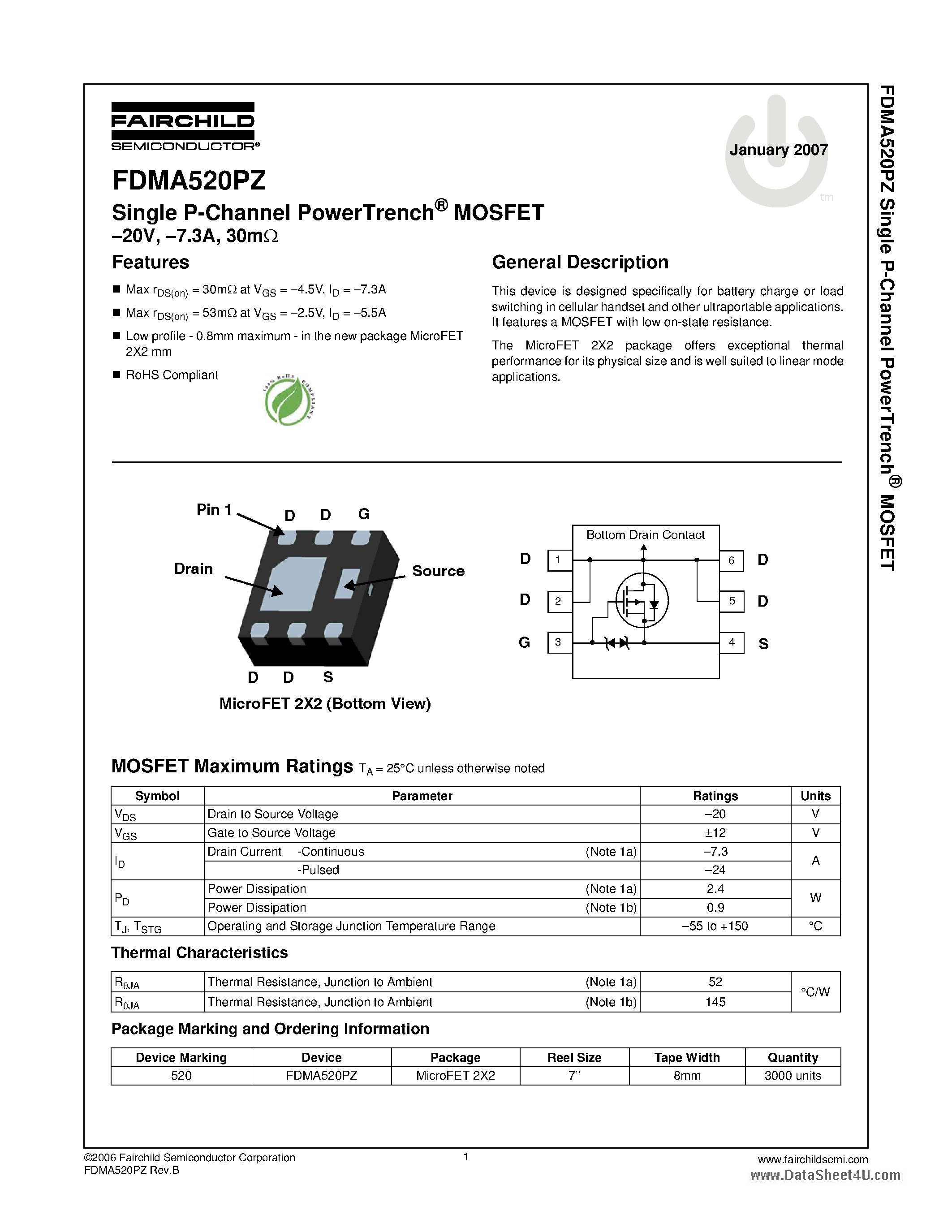 Datasheet FDMA520PZ - Single P-Channel PowerTrench MOSFET page 1