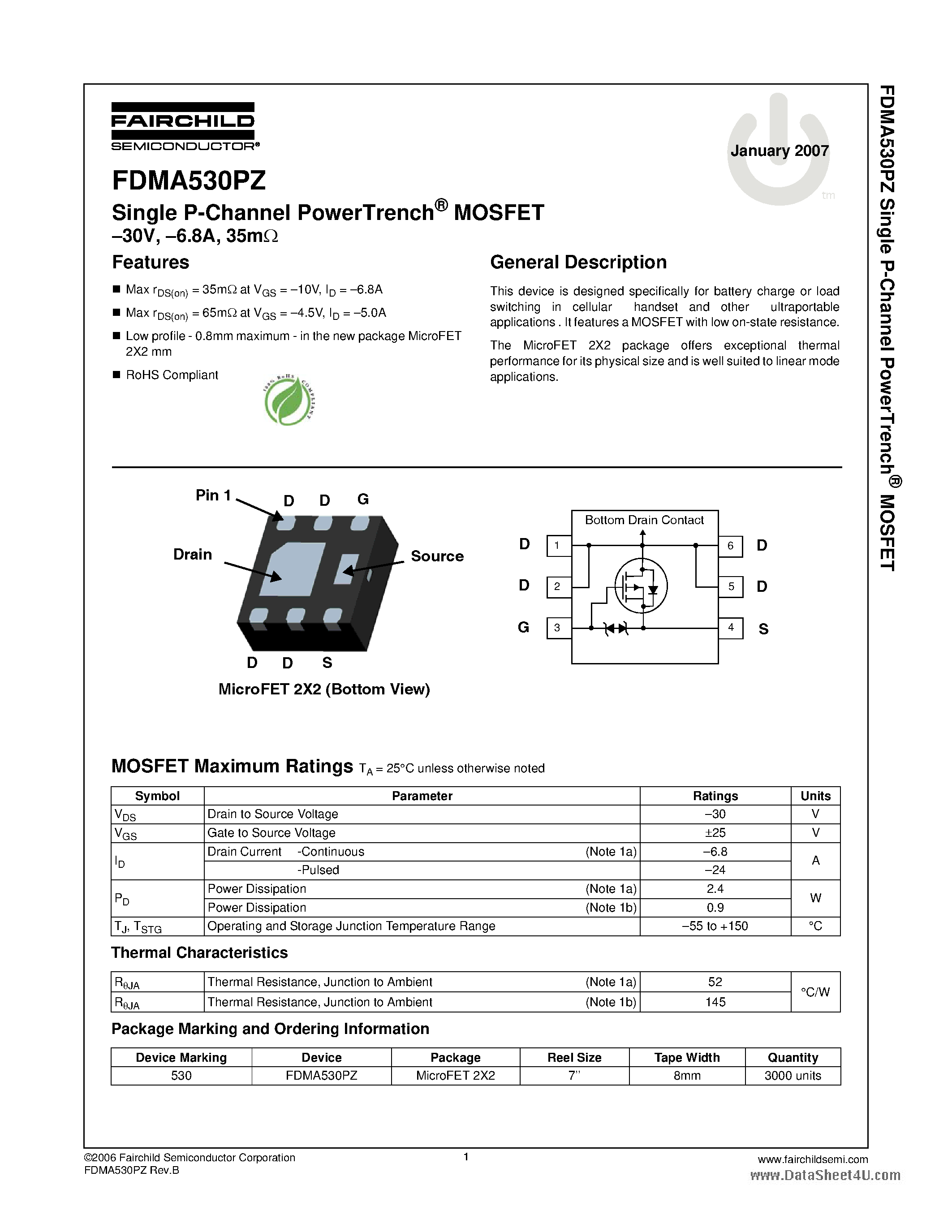 Datasheet FDMA530PZ - Single P-Channel PowerTrench MOSFET page 1