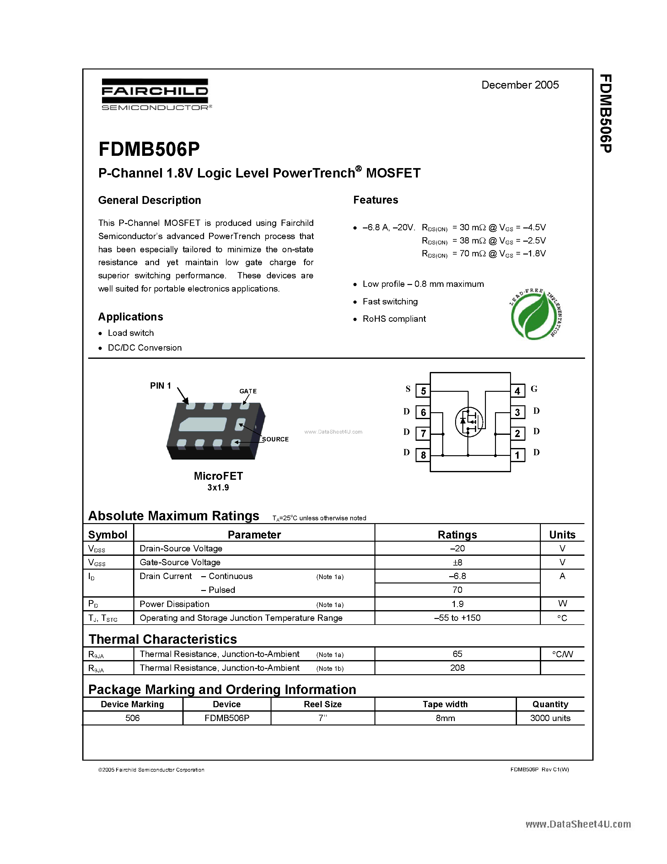 Datasheet FDMB506P - P-Channel 1.8V Logic Level PowerTrench MOSFET page 1