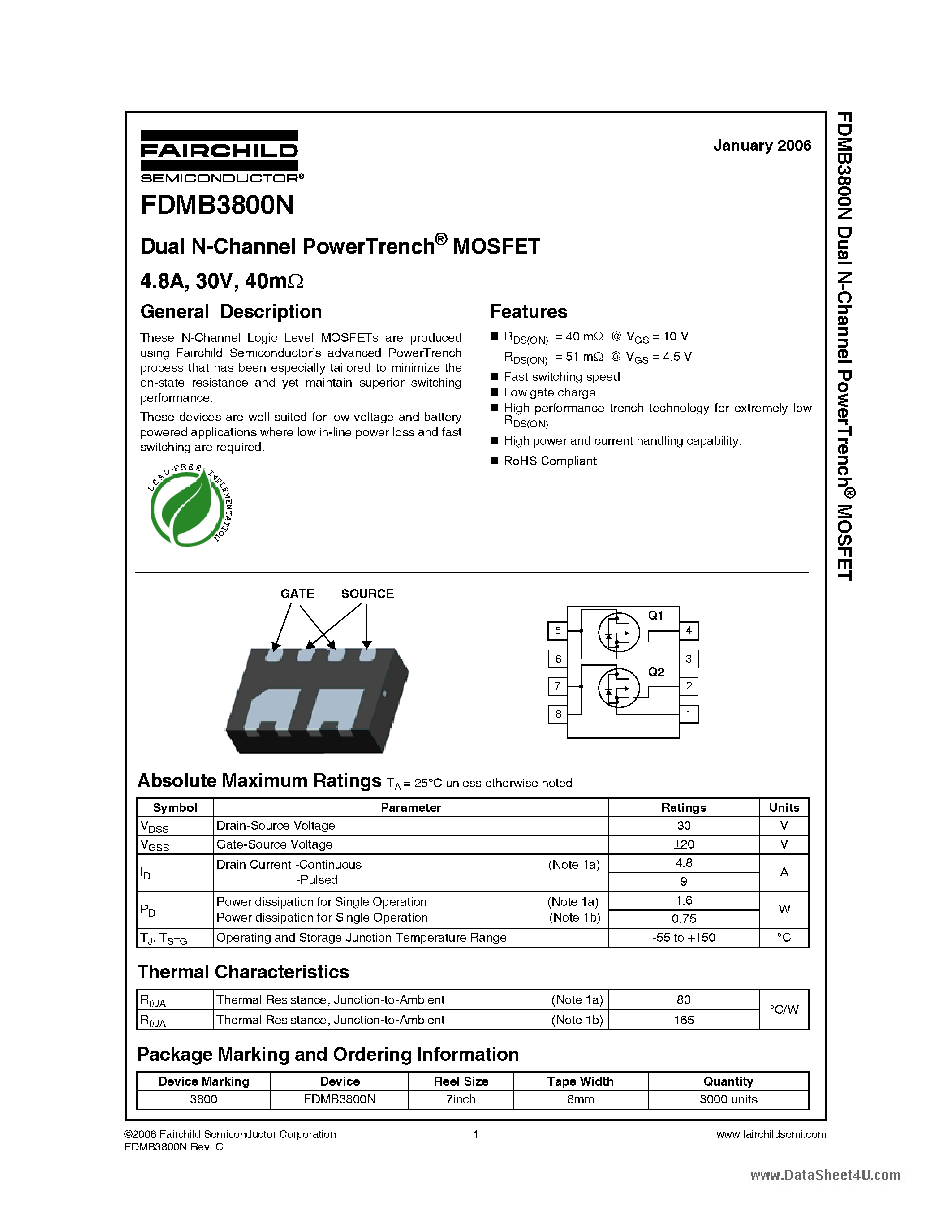 Datasheet FDMB3800N - Dual N-Channel PowerTrench MOSFET page 1