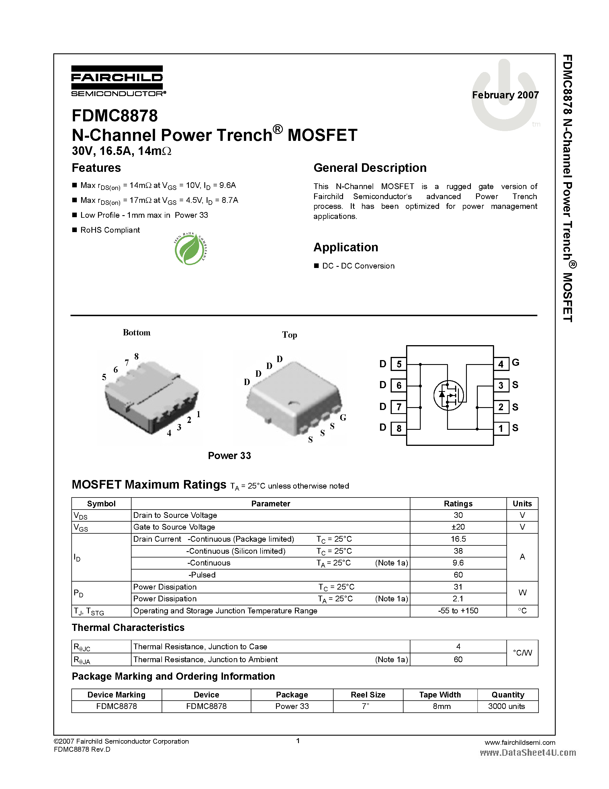 Datasheet FDMC8878 - N-Channel Power Trench MOSFET page 1
