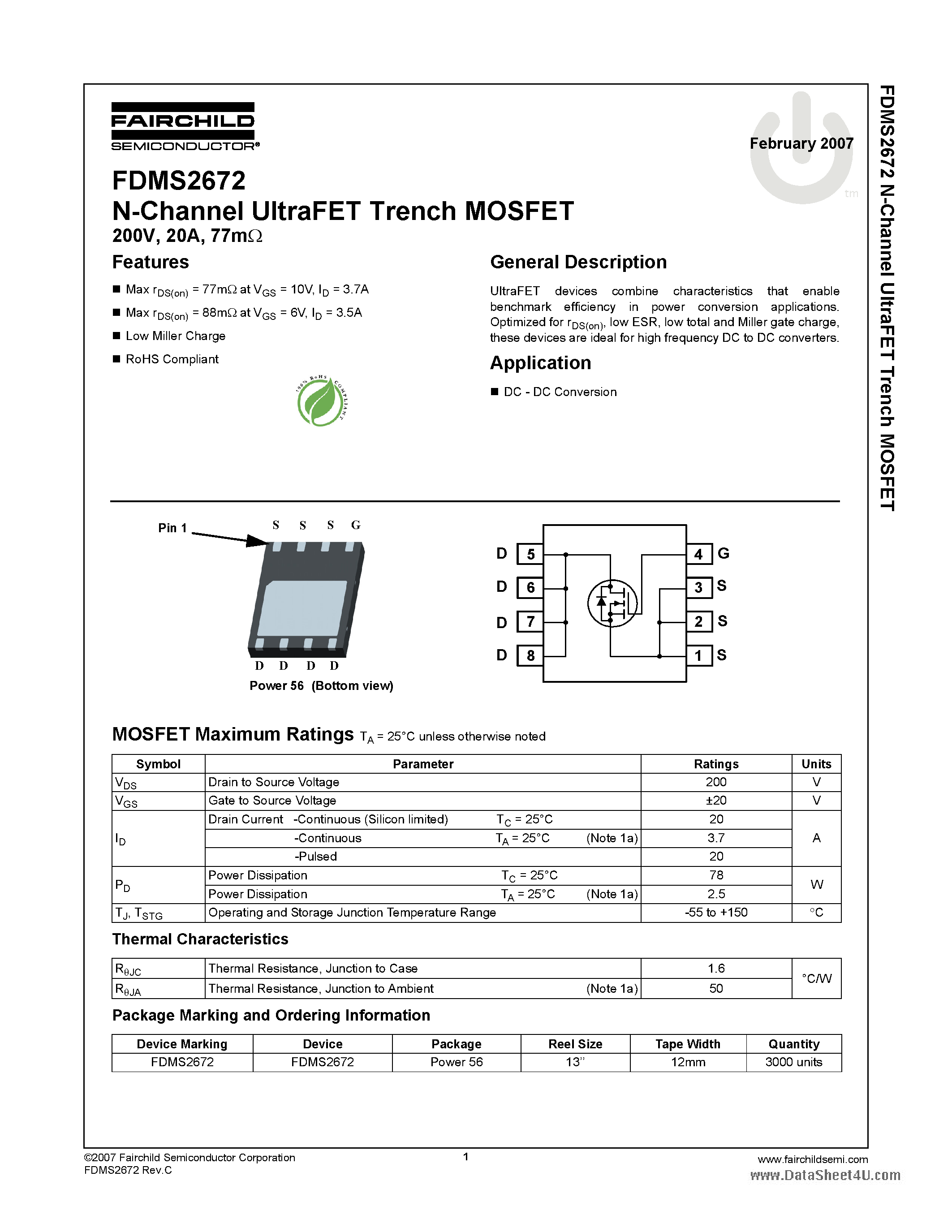 Даташит FDMS2672 - N-Channel UltraFET Trench MOSFET страница 1