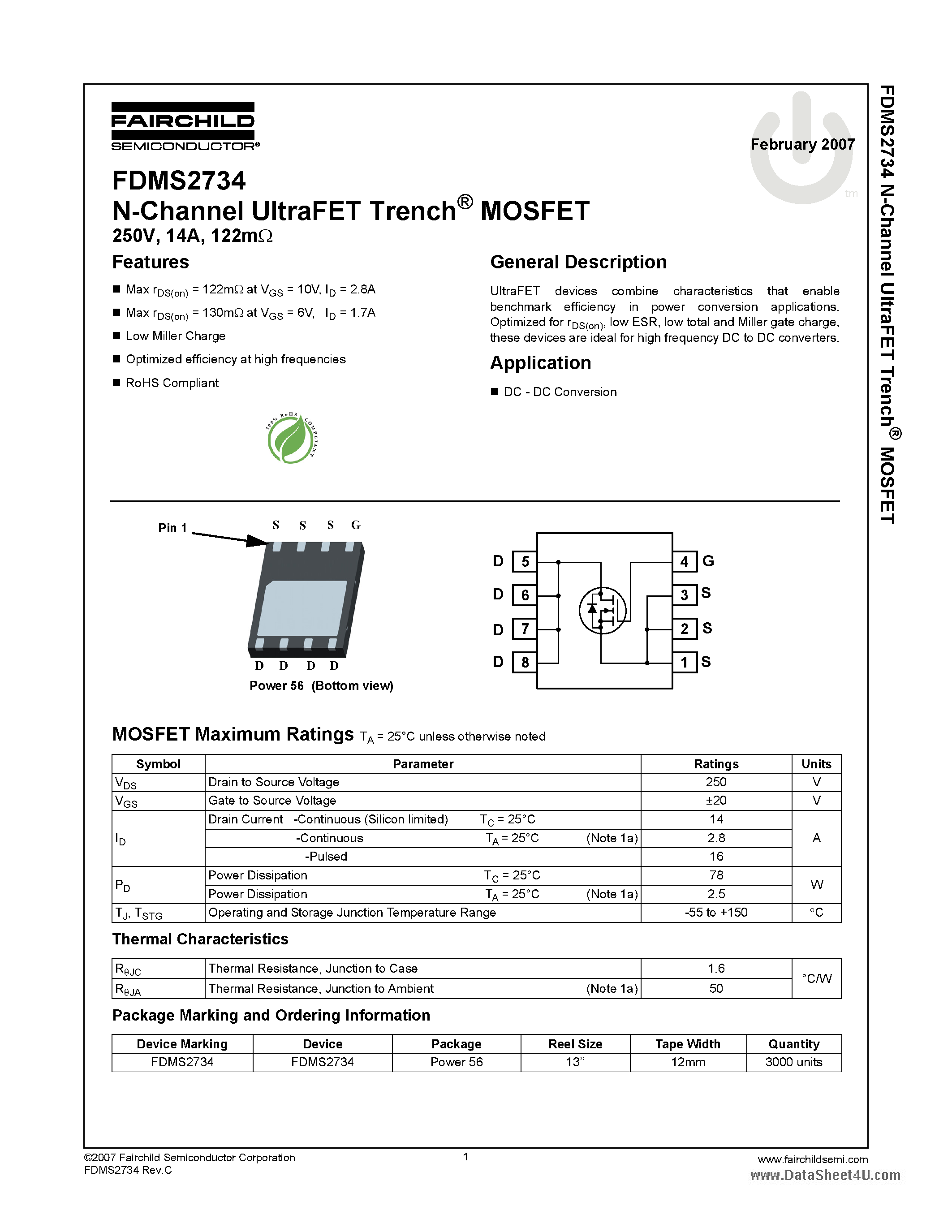 Datasheet FDMS2734 - N-Channel UltraFET Trench MOSFET page 1