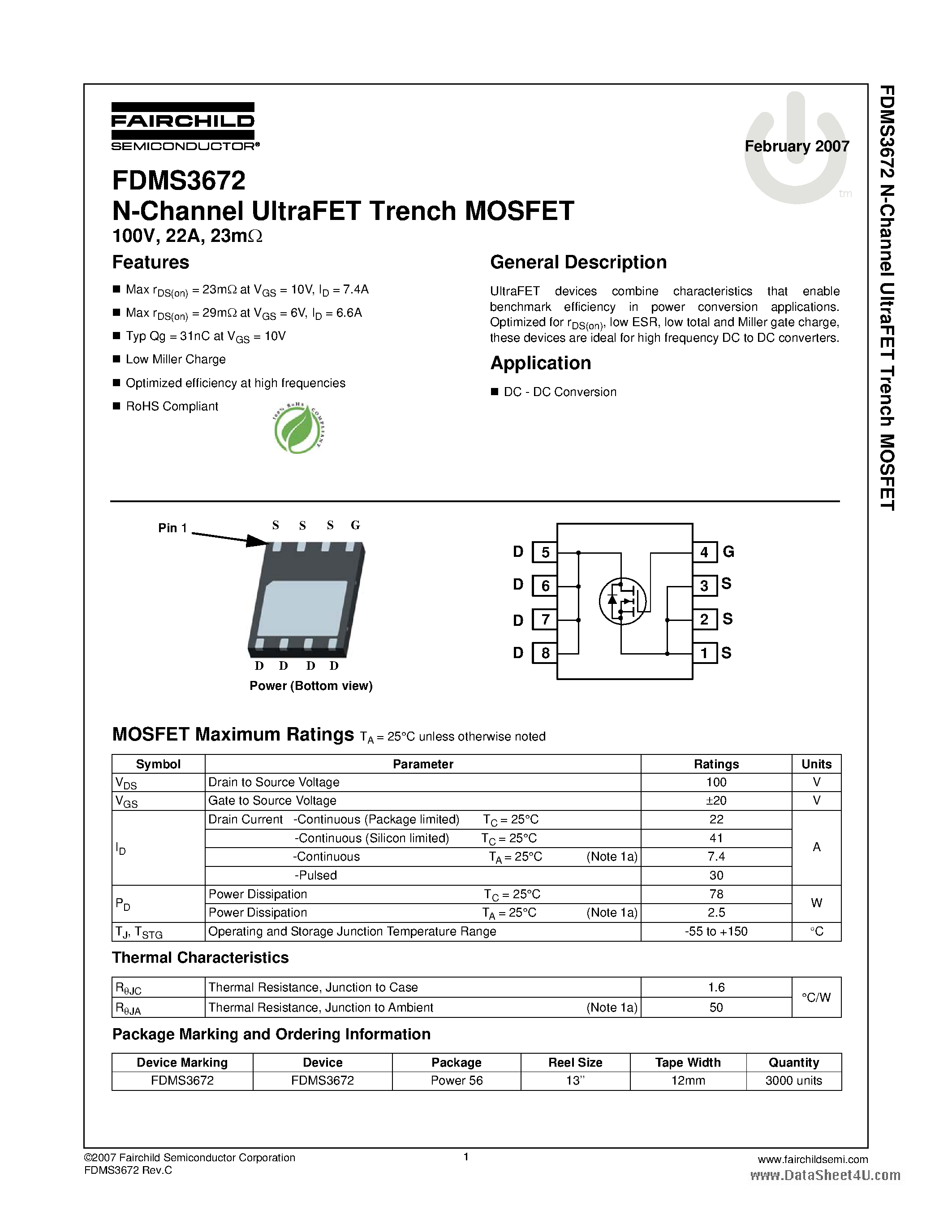 Datasheet FDMS3672 - N-Channel UltraFET Trench MOSFET page 1