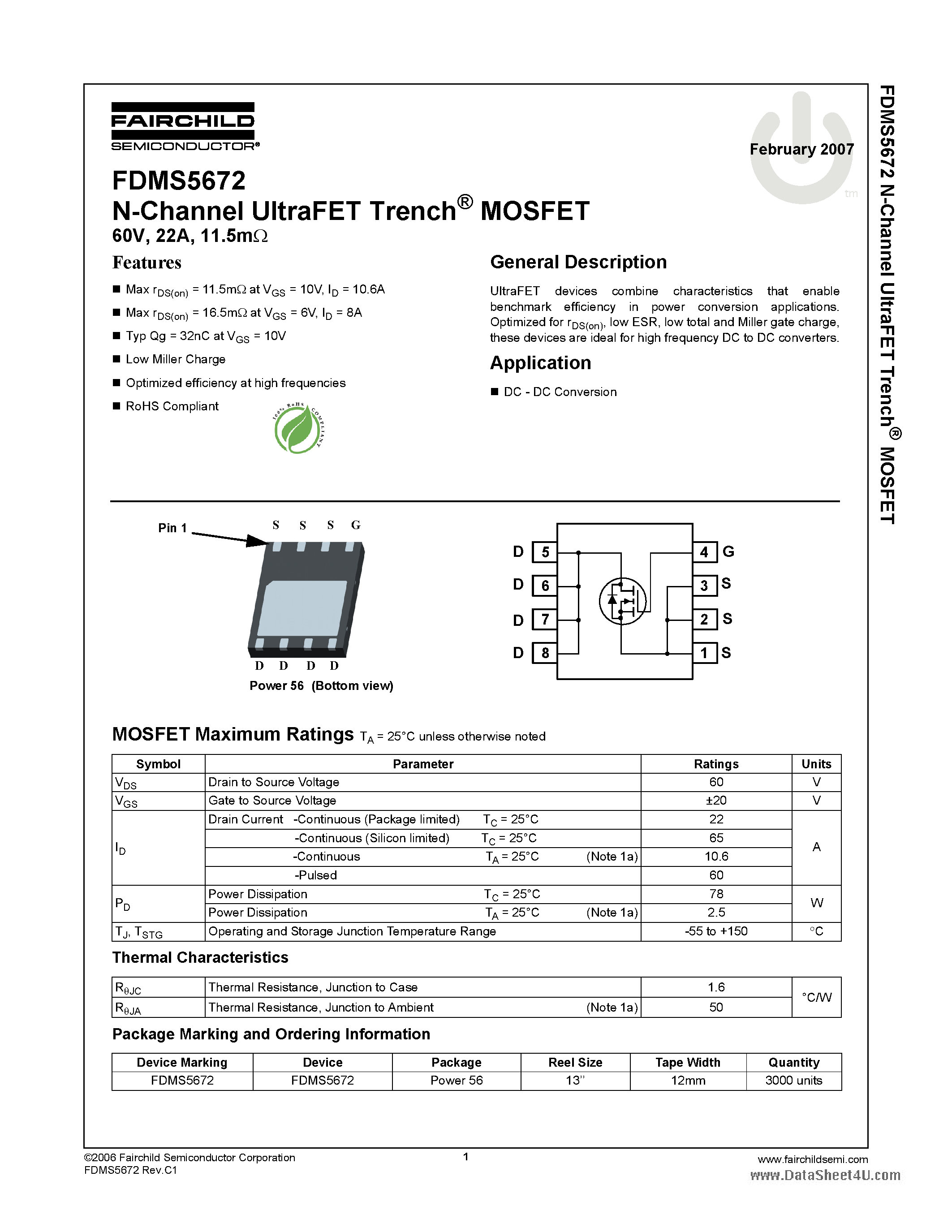 Datasheet FDMS5672 - N-Channel UltraFET Trench MOSFET page 1