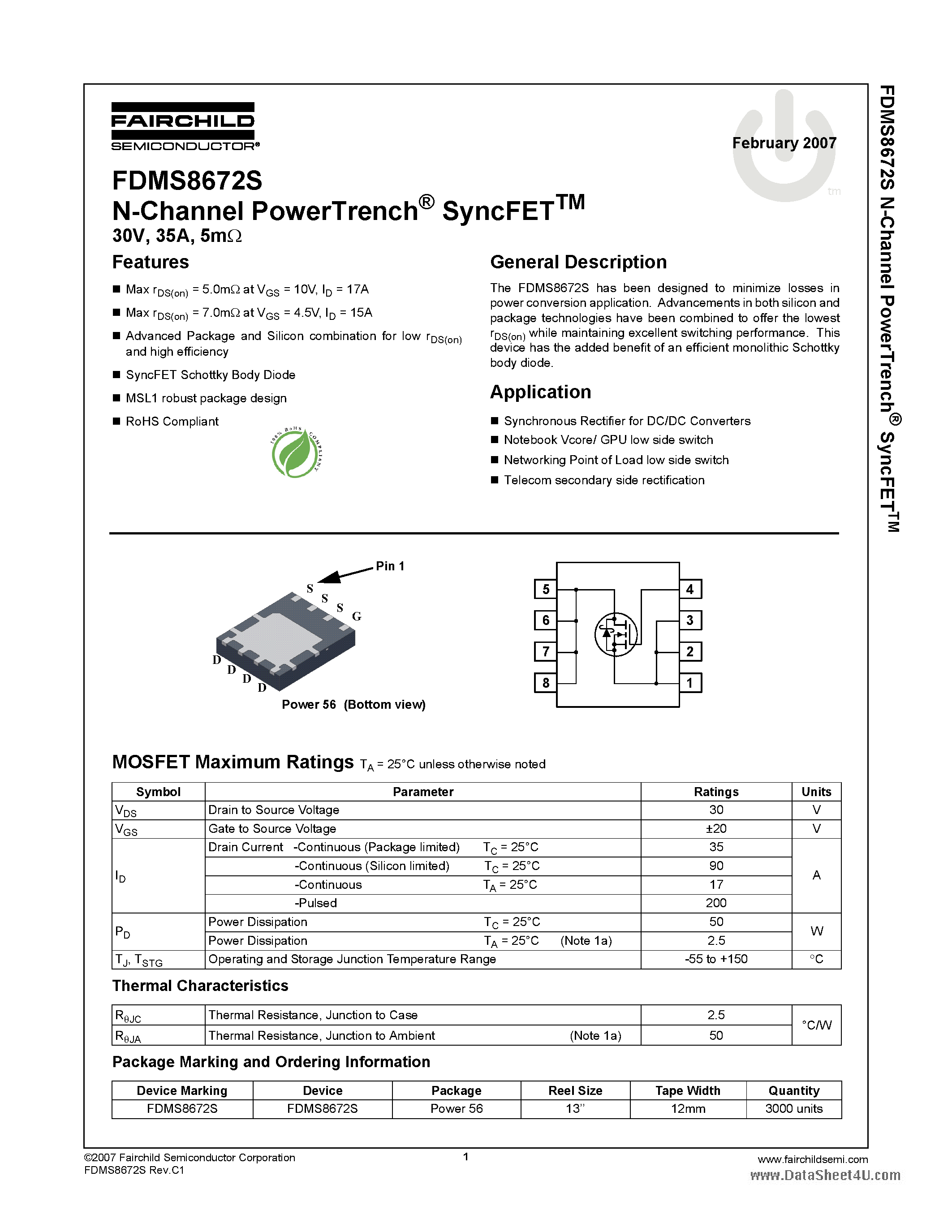 Datasheet FDMS8672S - N-Channel PowerTrench SyncFET page 1