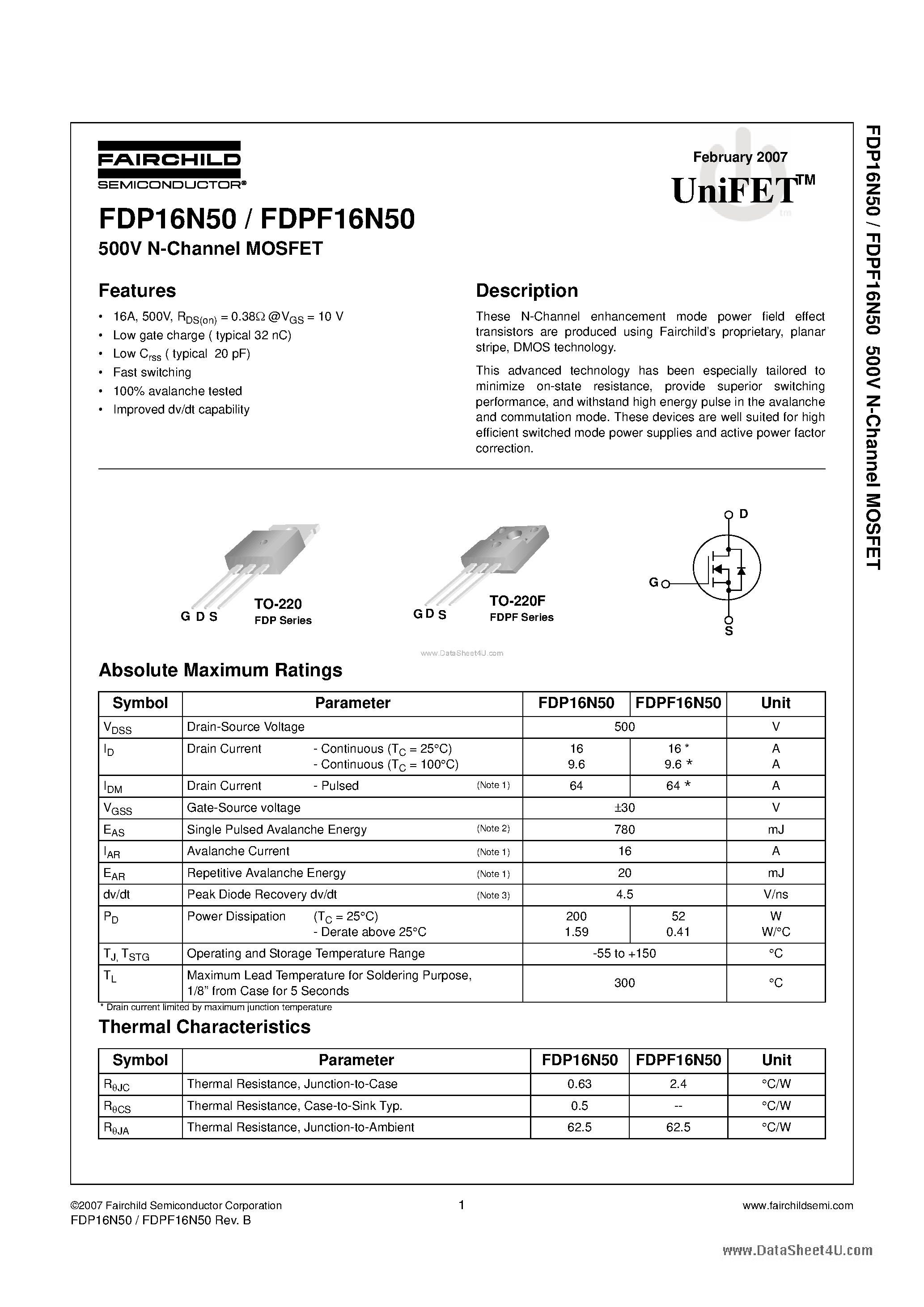 Datasheet FDP16N50 - N-Channel MOSFET page 1