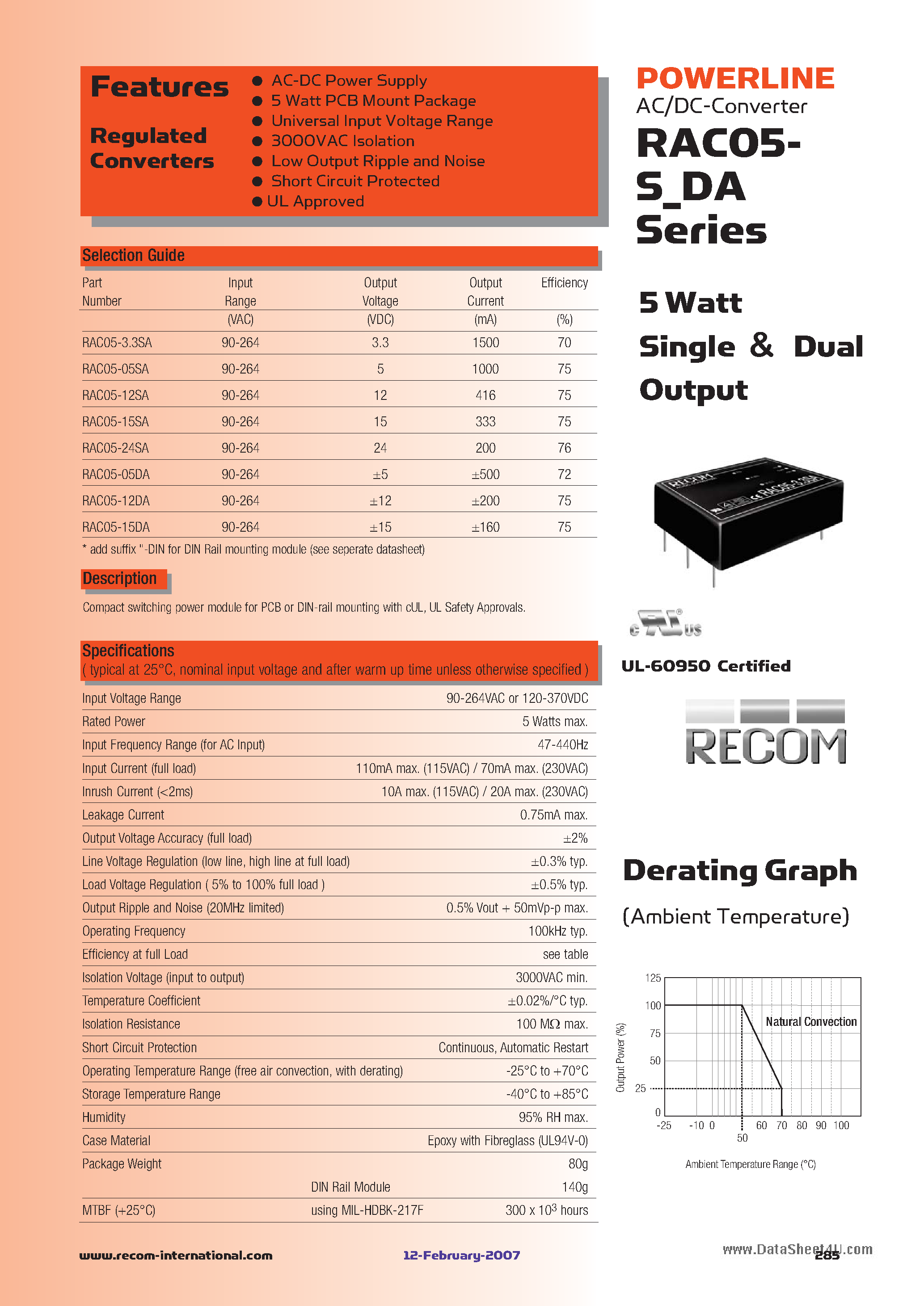 Datasheet RAC05-xxDA - 5 Watt Single & Dual Output page 1