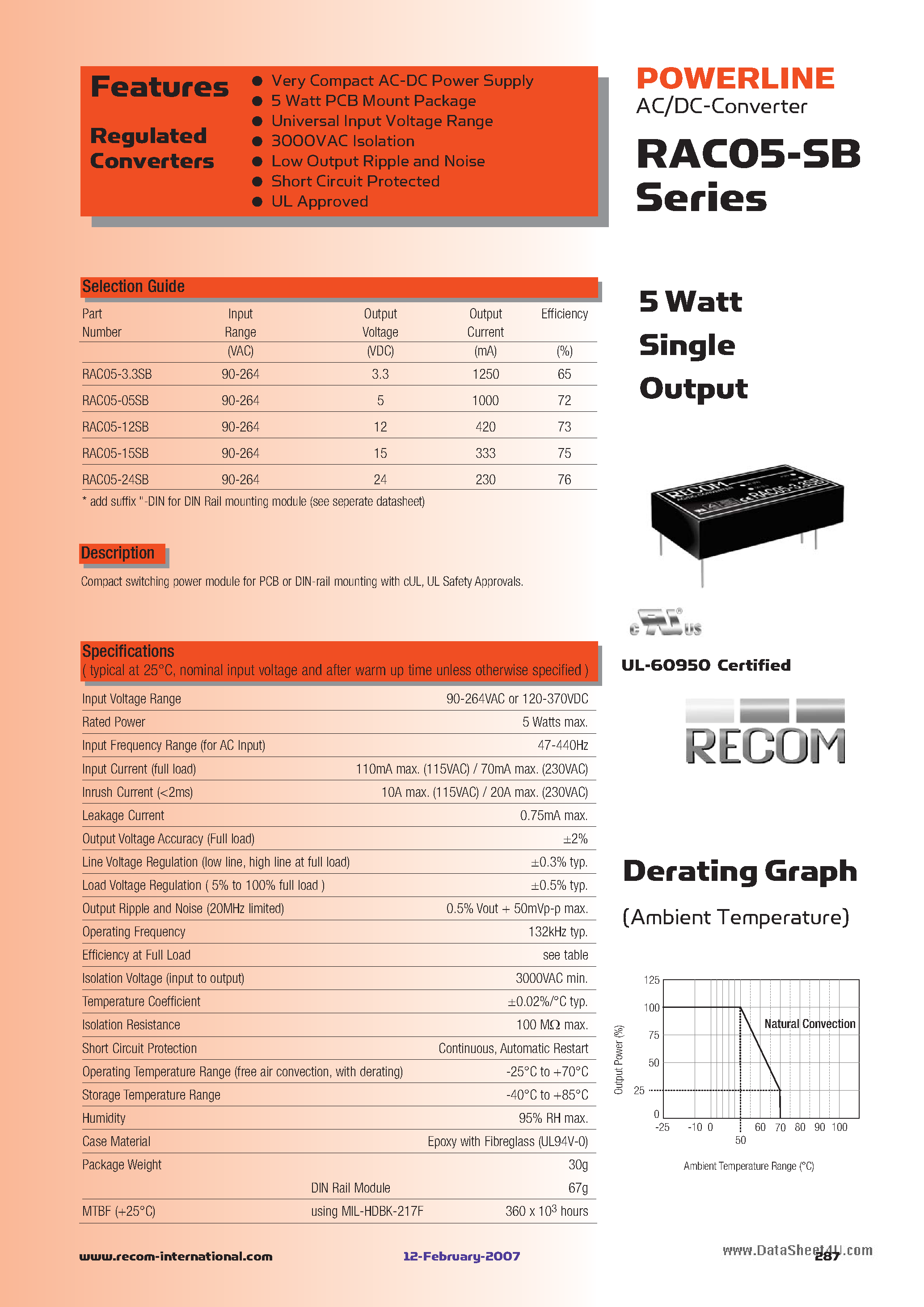 Datasheet RAC05-xxSB - 5 Watt Single Output page 1