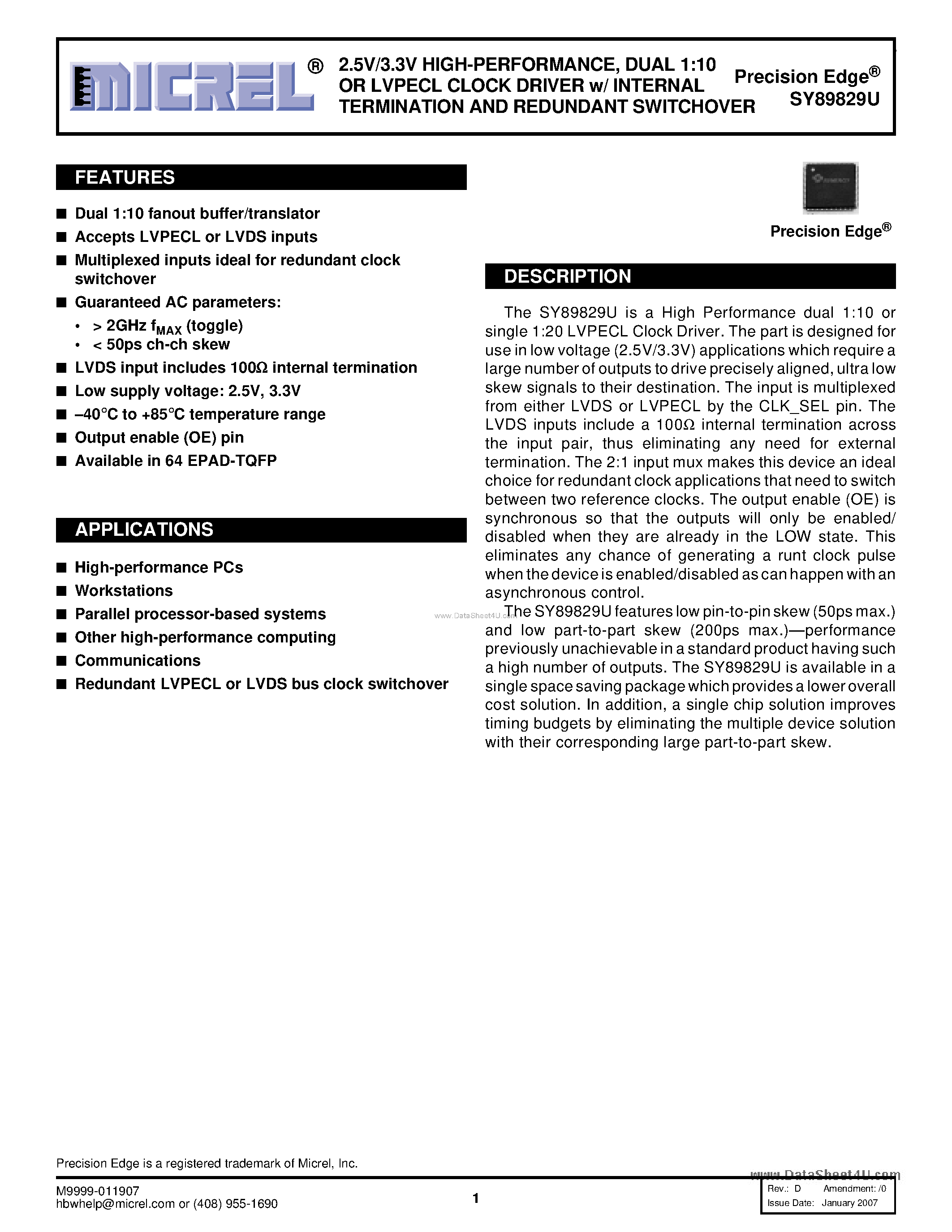 Даташит SY89829U - DUAL 1:10 OR LVPECL CLOCK DRIVER w/ INTERNAL TERMINATION AND REDUNDANT SWITCHOVER страница 1