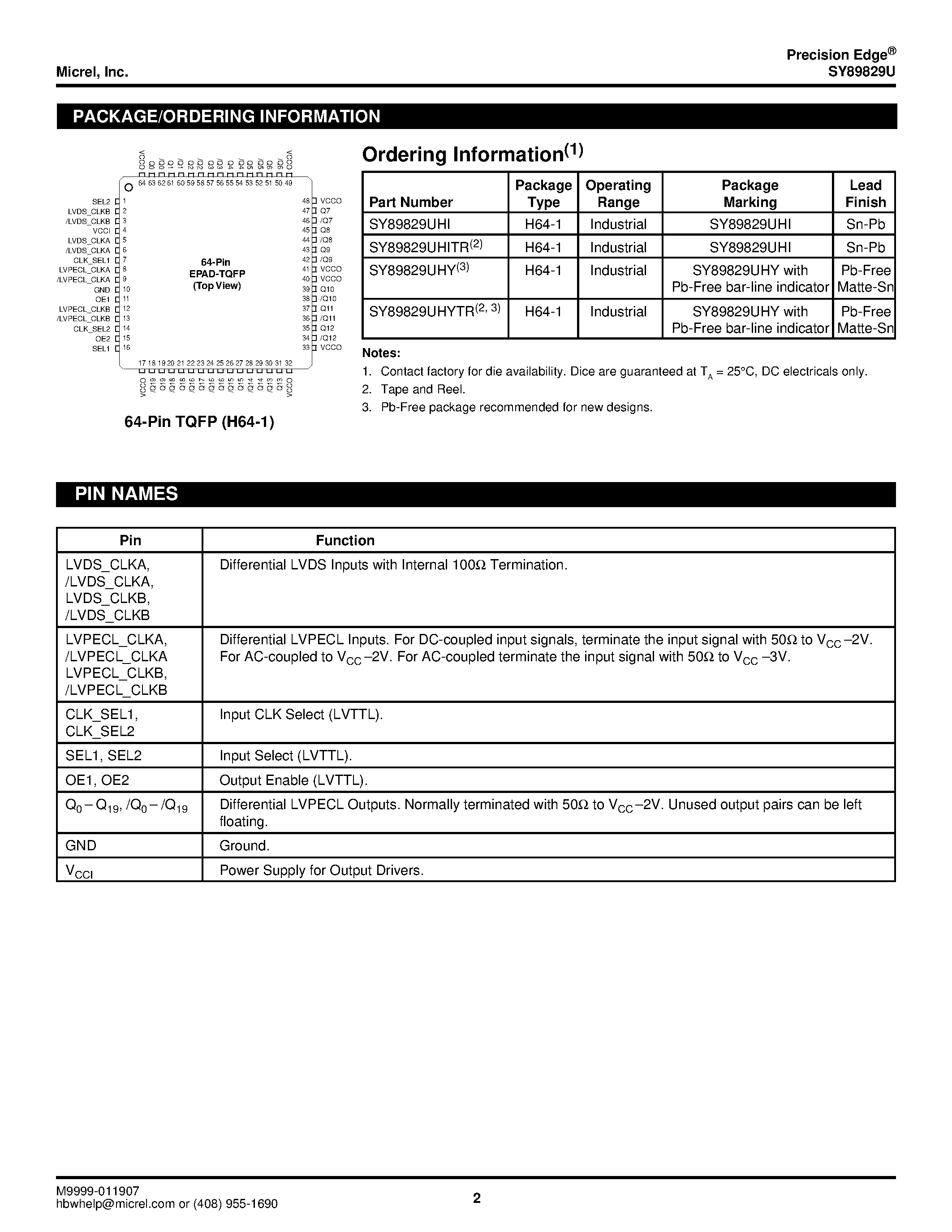 Даташит SY89829U - DUAL 1:10 OR LVPECL CLOCK DRIVER w/ INTERNAL TERMINATION AND REDUNDANT SWITCHOVER страница 2