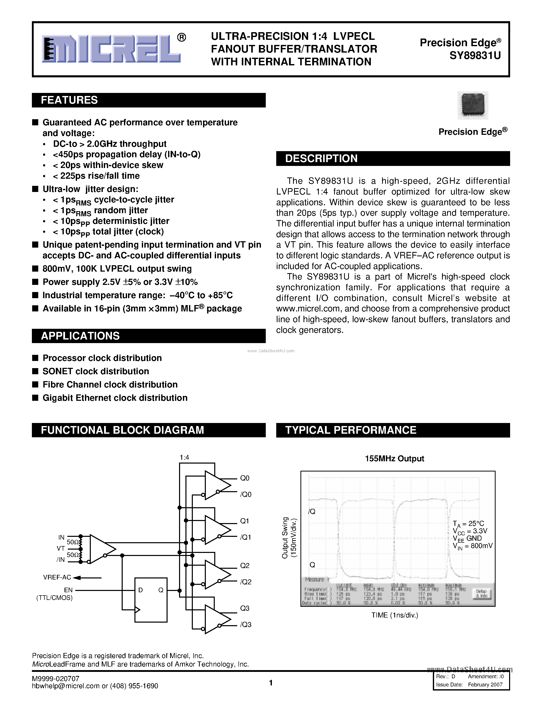 Datasheet SY89831U - ULTRA-PRECISION 1:4 LVPECL FANOUT BUFFER/TRANSLATOR page 1