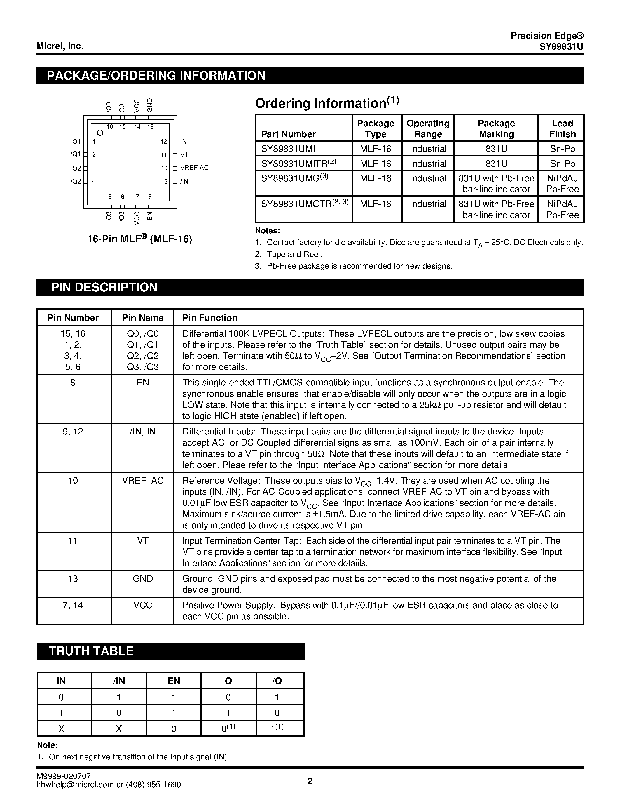 Datasheet SY89831U - ULTRA-PRECISION 1:4 LVPECL FANOUT BUFFER/TRANSLATOR page 2