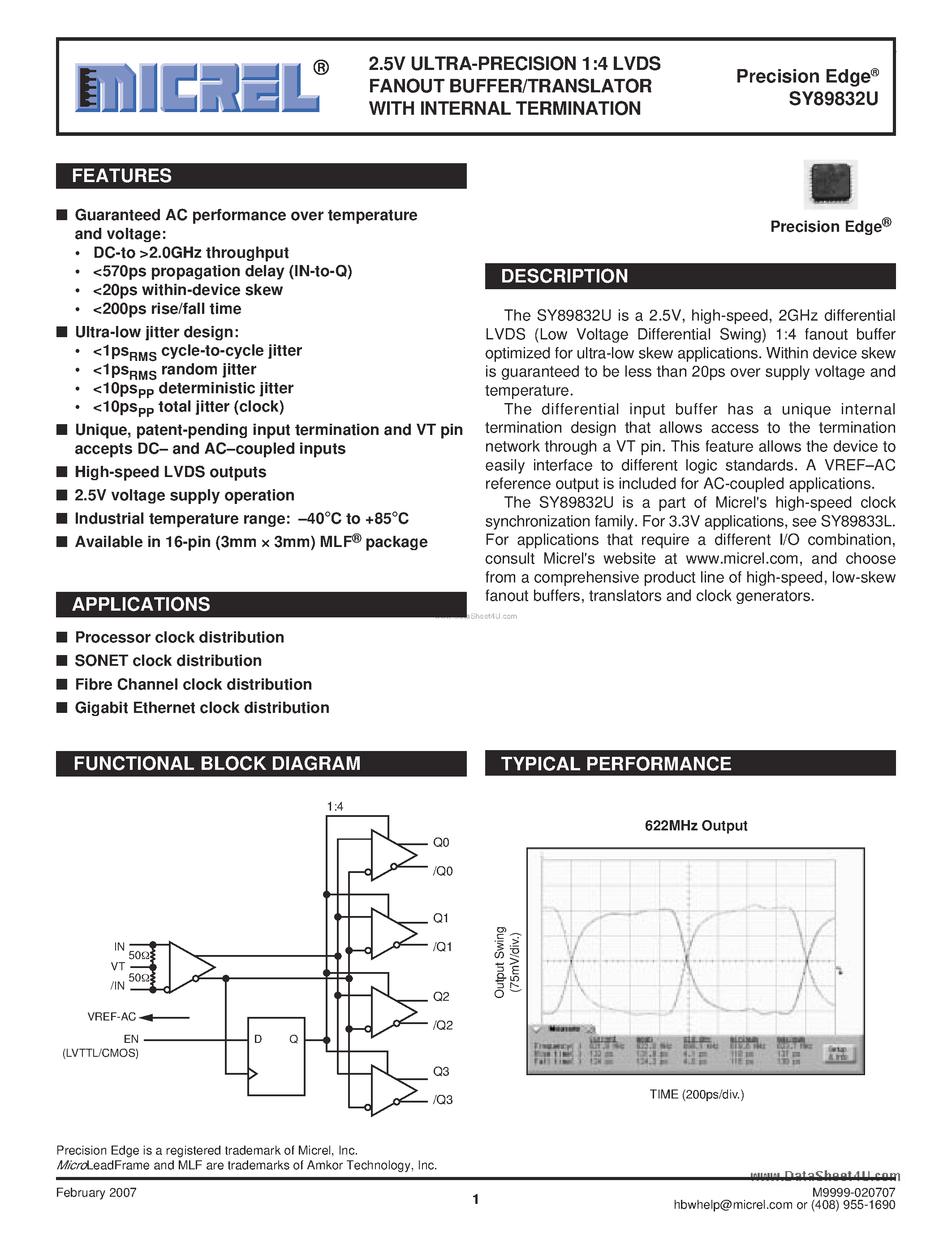 Даташит на микросхему SY89832U страница 1 Даташит SY89832U - ULTRA-PRECISION 1:4 LVDS FANOUT BUFFER/TRANSLATOR страница 1