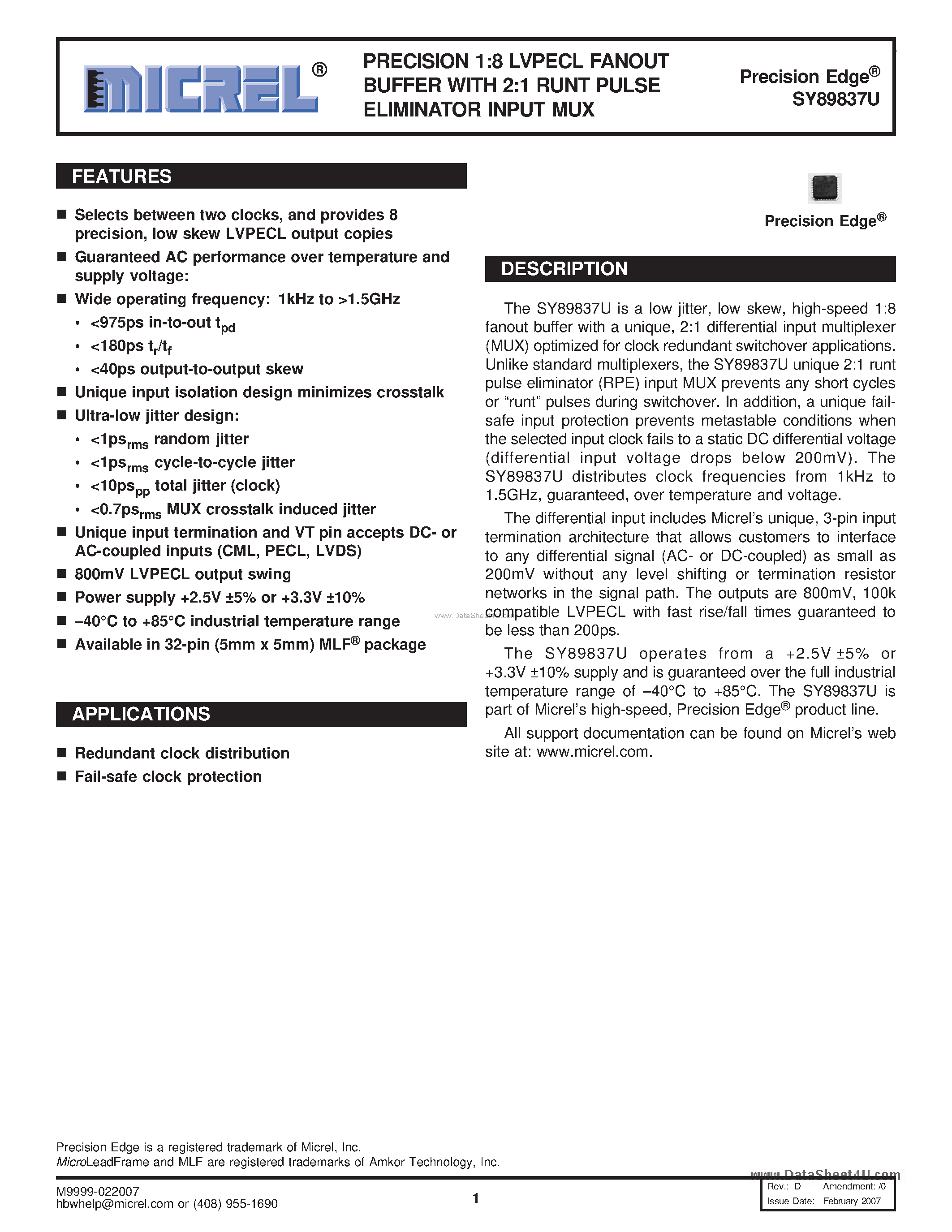 Datasheet SY89837U - PRECISION 1:8 LVPECL FANOUT BUFFER page 1