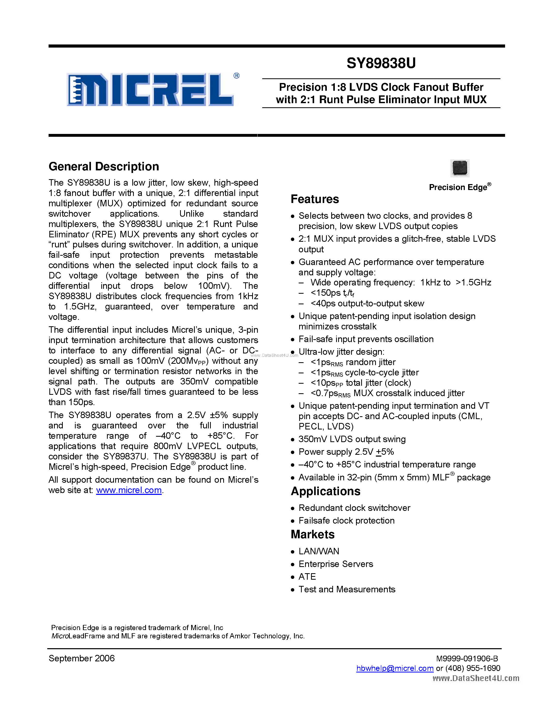 Datasheet SY89838U - Precision 1:8 LVDS Clock Fanout Buffer page 1