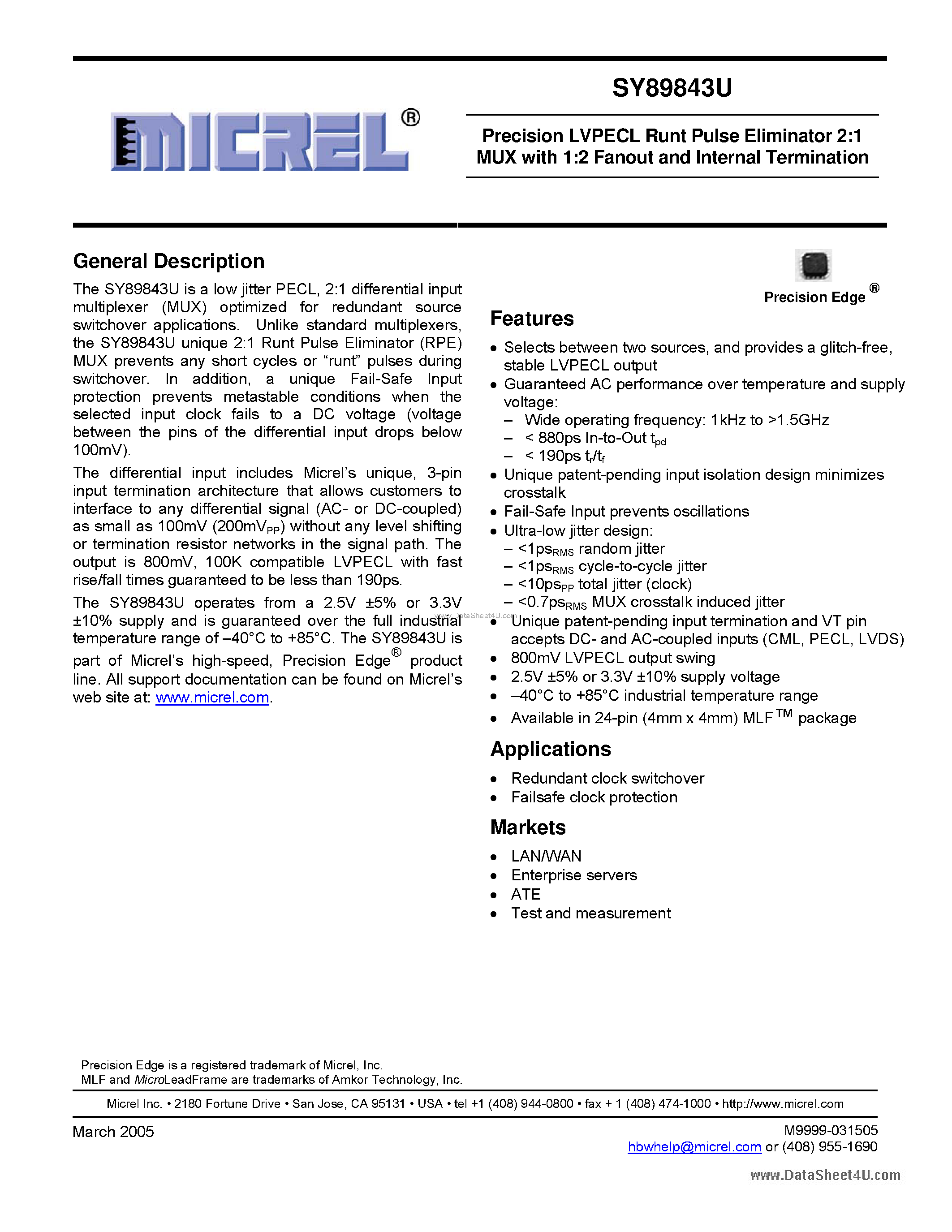 Datasheet SY89843U - Precision LVPECL Runt Pulse Eliminator 2:1 MUX page 1