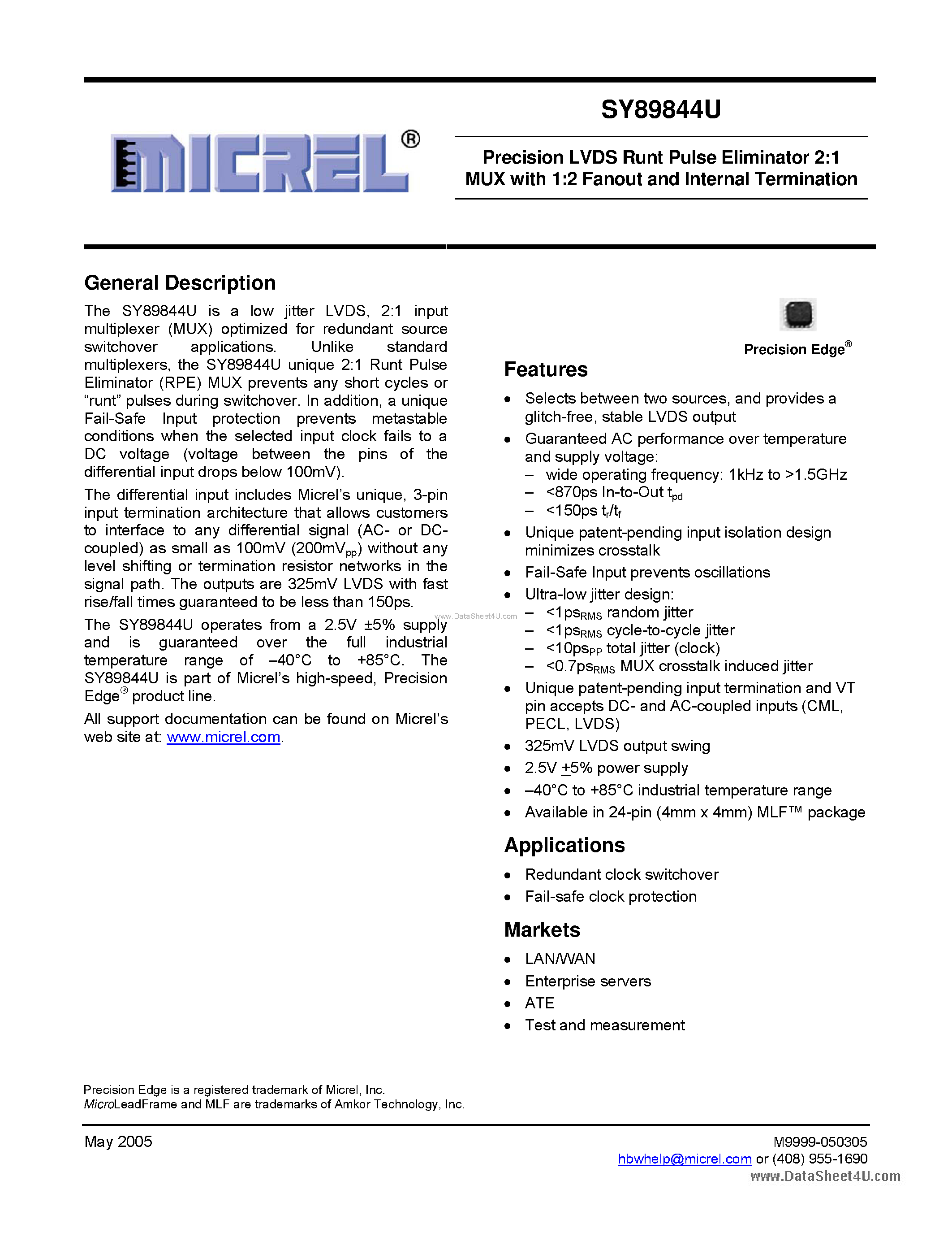 Datasheet SY89844U - Precision LVDS Runt Pulse Eliminator 2:1 MUX page 1