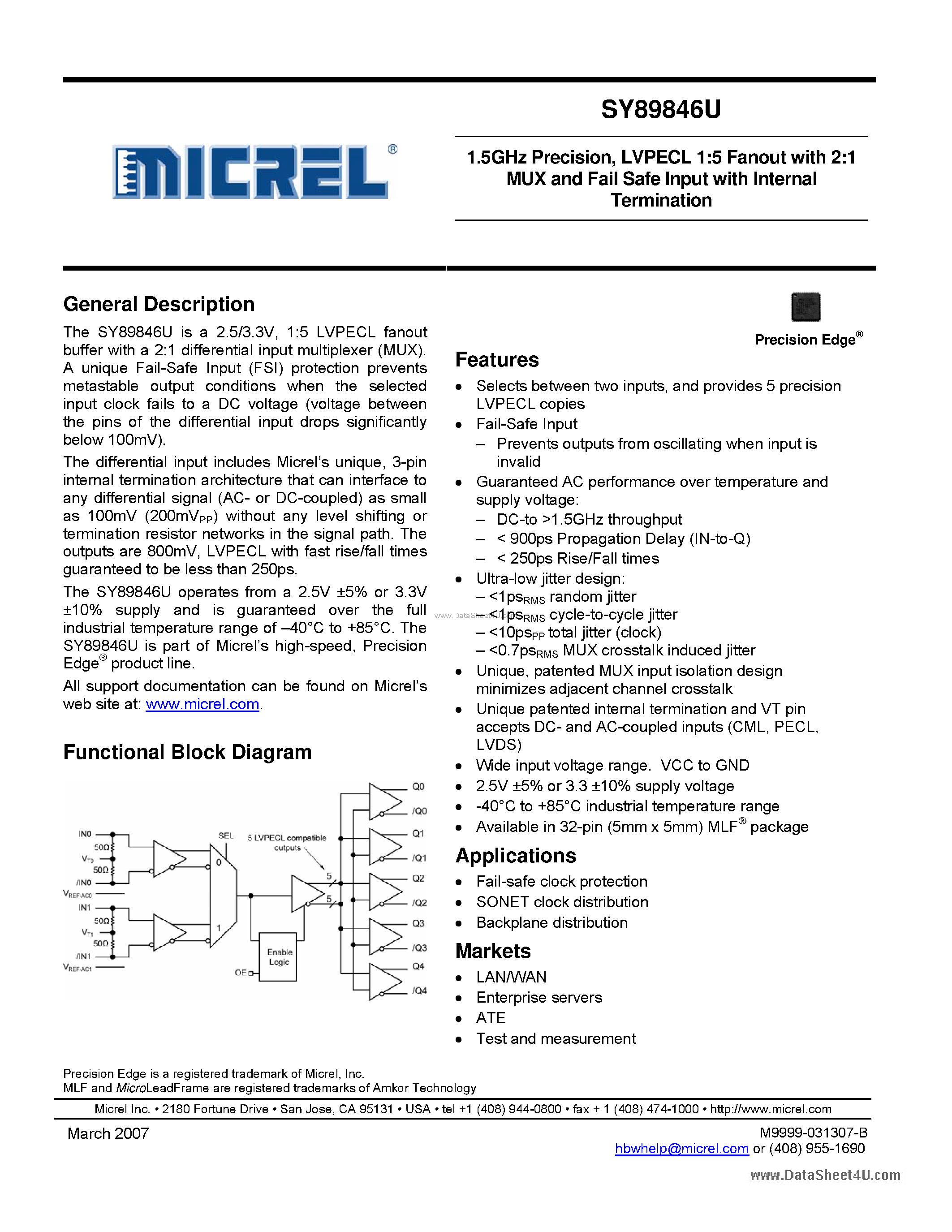 Datasheet SY89846U - LVPECL 1:5 Fanout page 1