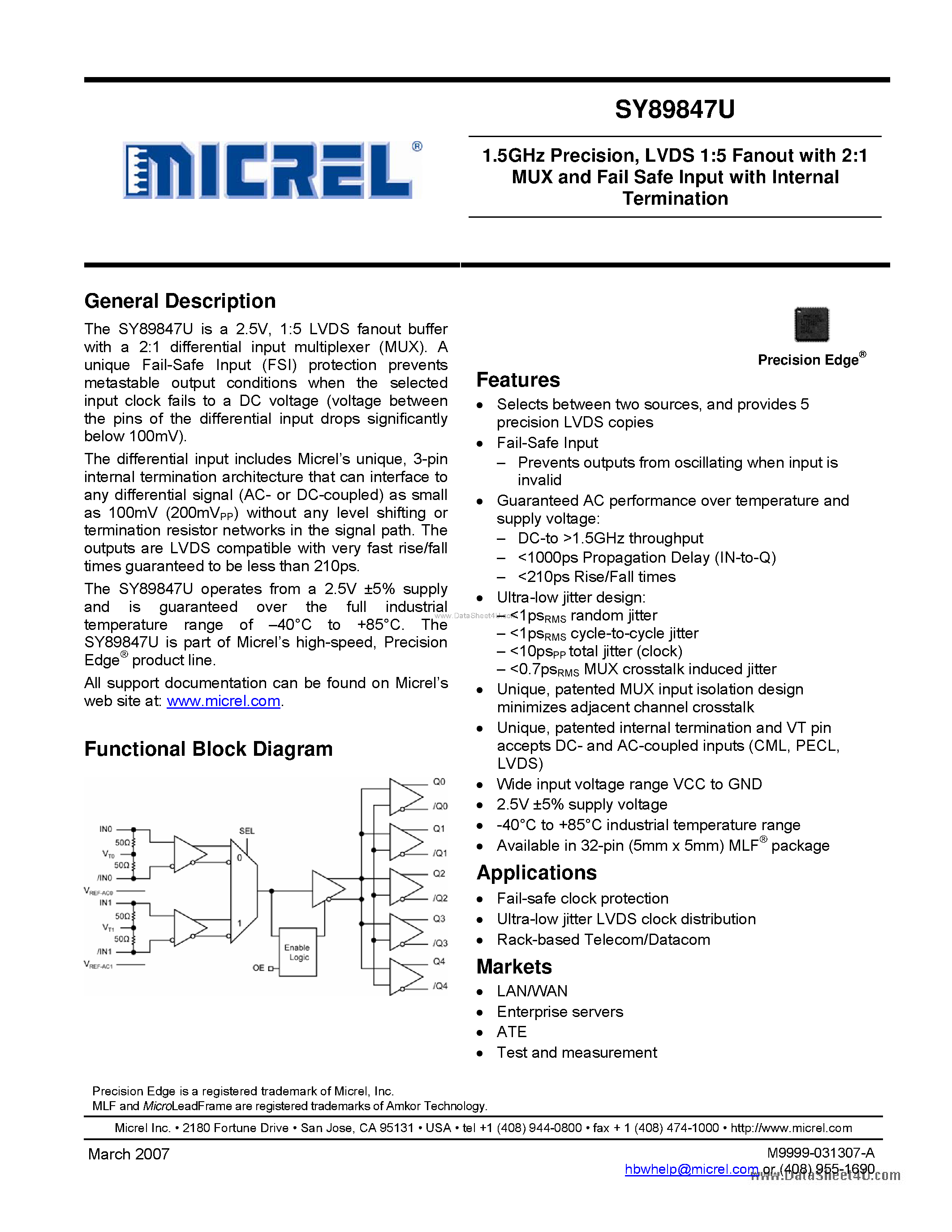 Datasheet SY89847U page 1 Datasheet SY89847U - LVDS 1:5 Fanout page 1