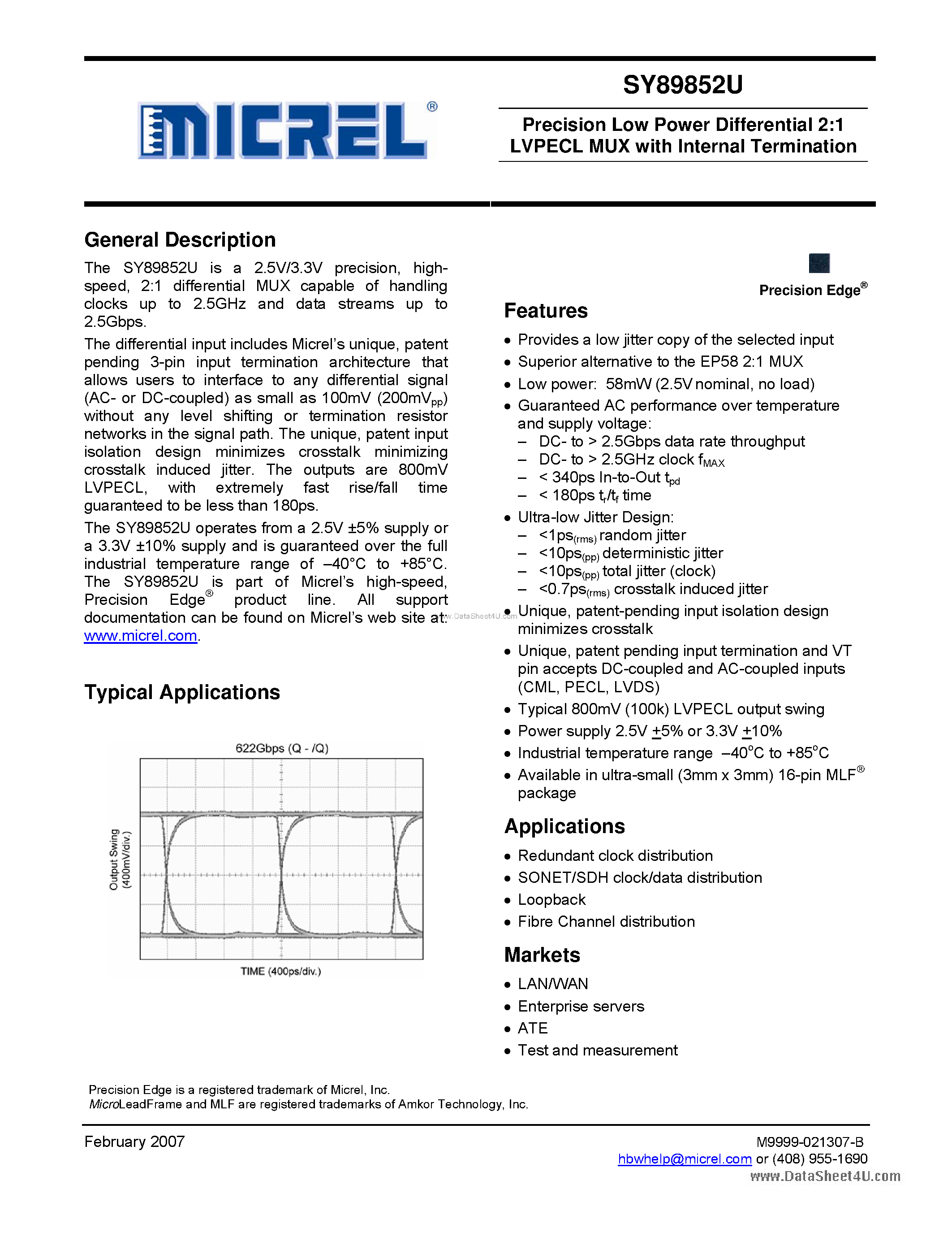Datasheet SY89852U - Precision Low Power Differential 2:1 LVPECL MUX page 1