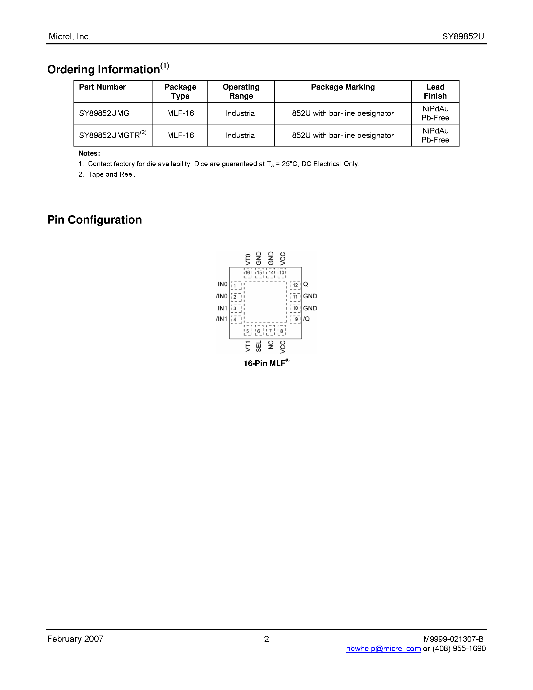 Datasheet SY89852U - Precision Low Power Differential 2:1 LVPECL MUX page 2