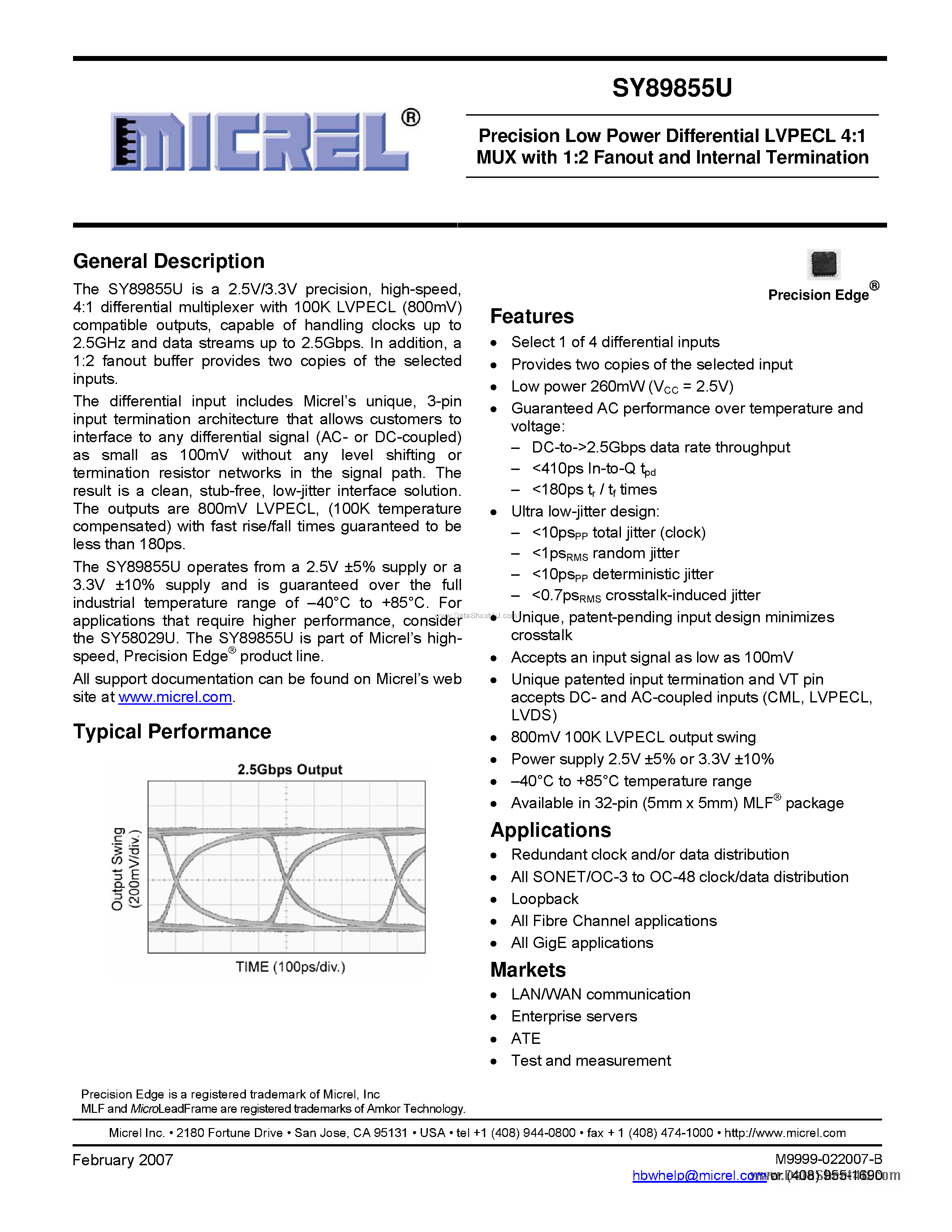 Даташит SY89855U - Precision Low Power Differential LVPECL 4:1 MUX страница 1