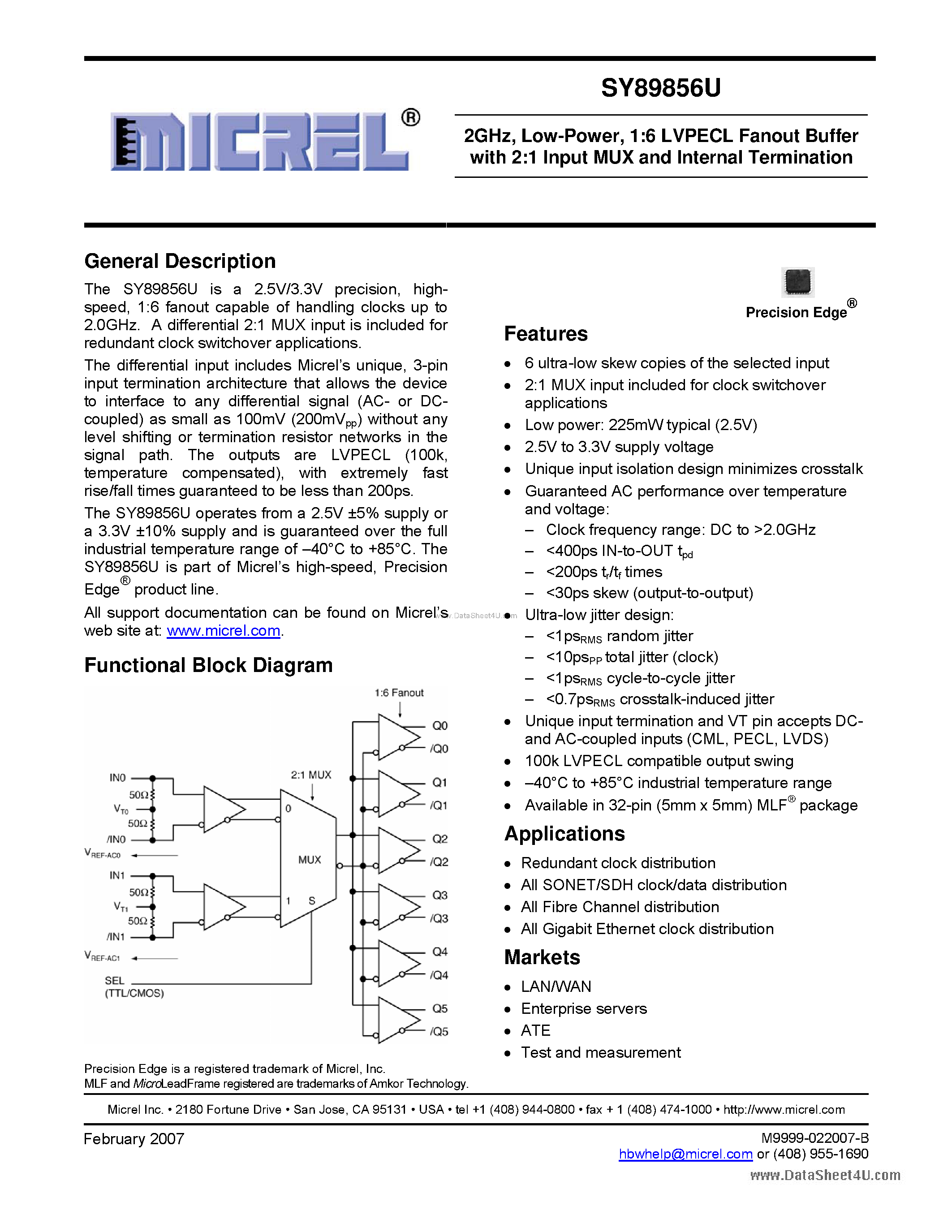 Datasheet SY89856U - 1:6 LVPECL Fanout Buffer page 1