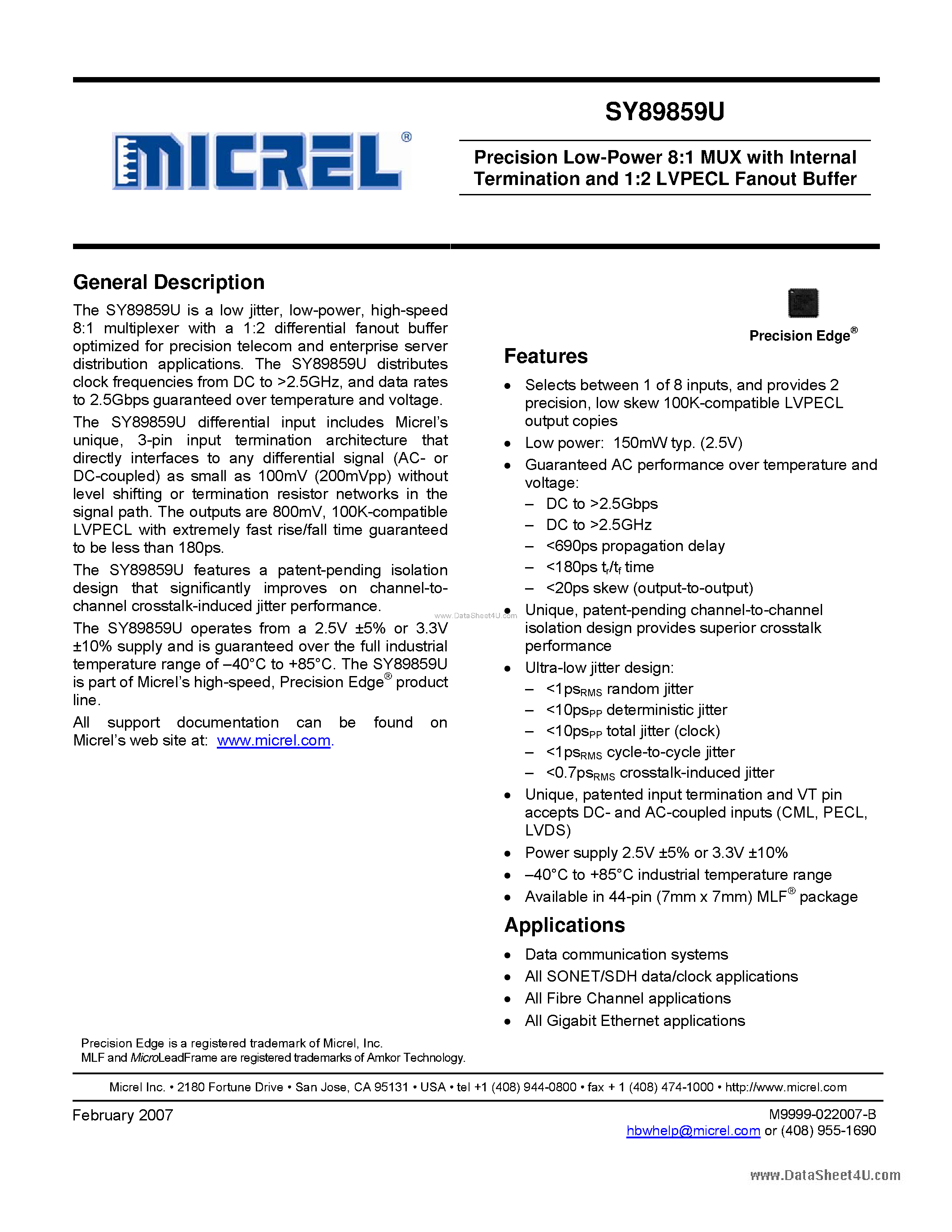 Datasheet SY89859U - Precision Low-Power 8:1 MUX page 1