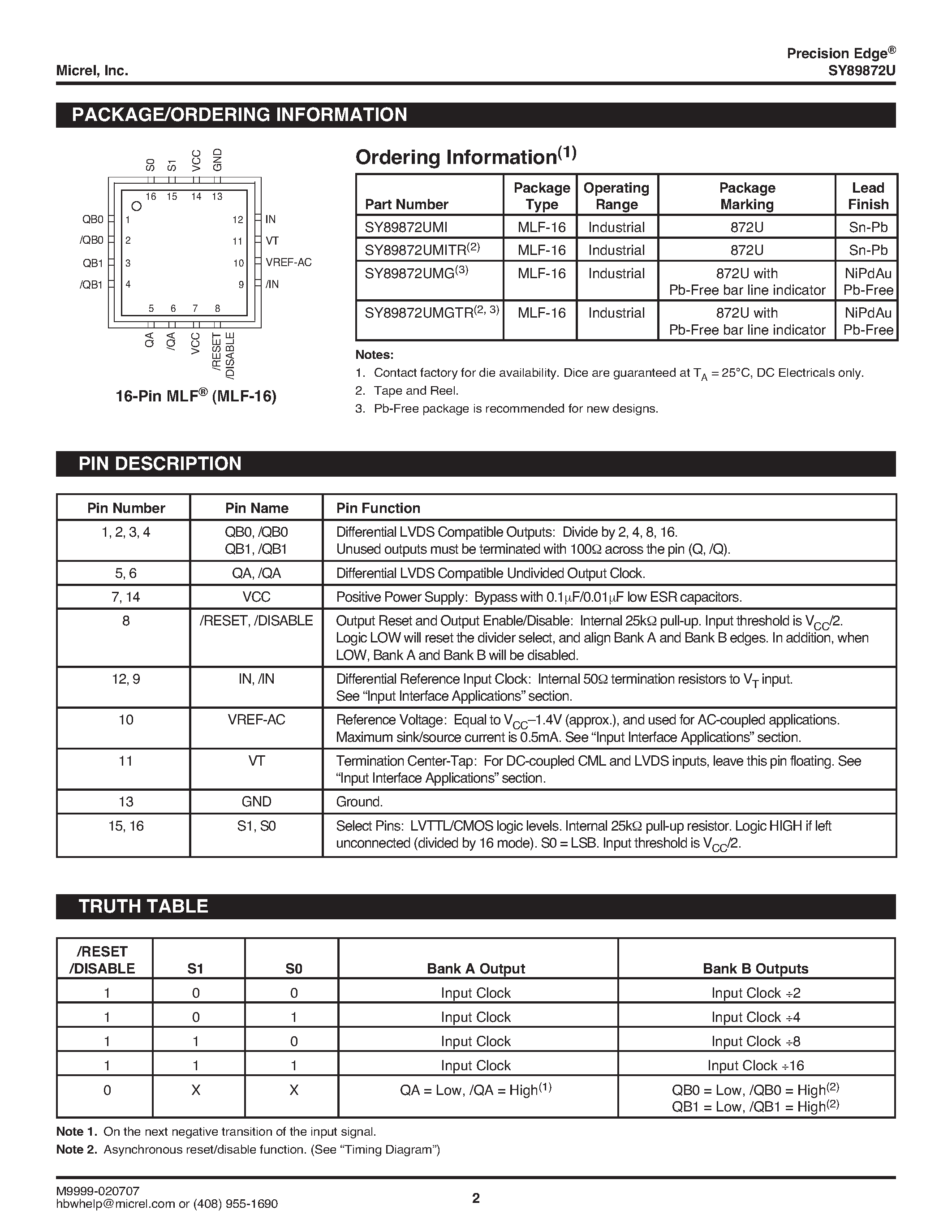 Datasheet SY89872U page 2 Datasheet SY89872U - IN-TO-LVDS PROGRAMMABLE CLOCK DIVIDER/FANOUT BUFFER page 2