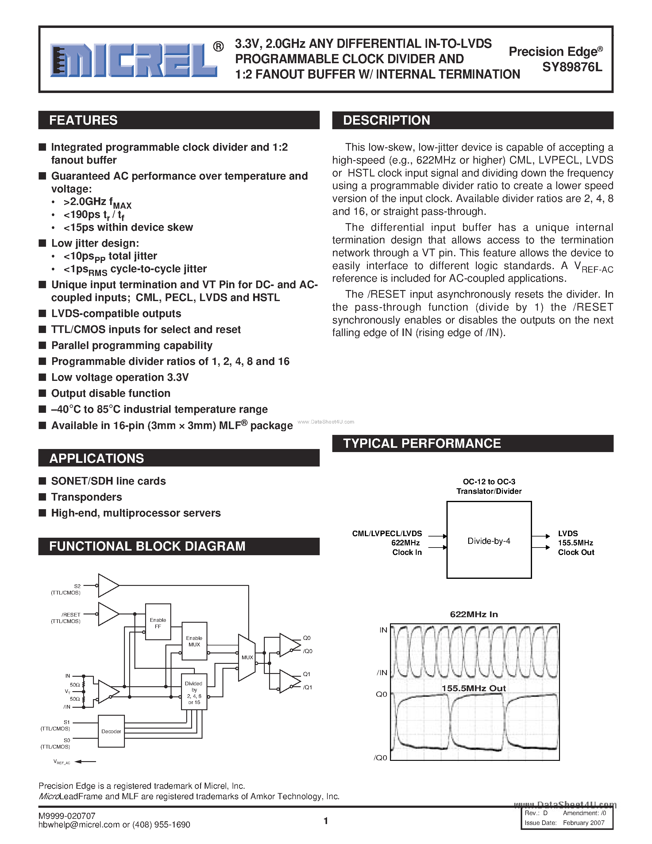 Datasheet SY89876L - ANY DIFFERENTIAL IN-TO-LVDS PROGRAMMABLE CLOCK DIVIDER AND 1:2 FANOUT BUFFER W/ INTERNAL TERMINATION page 1