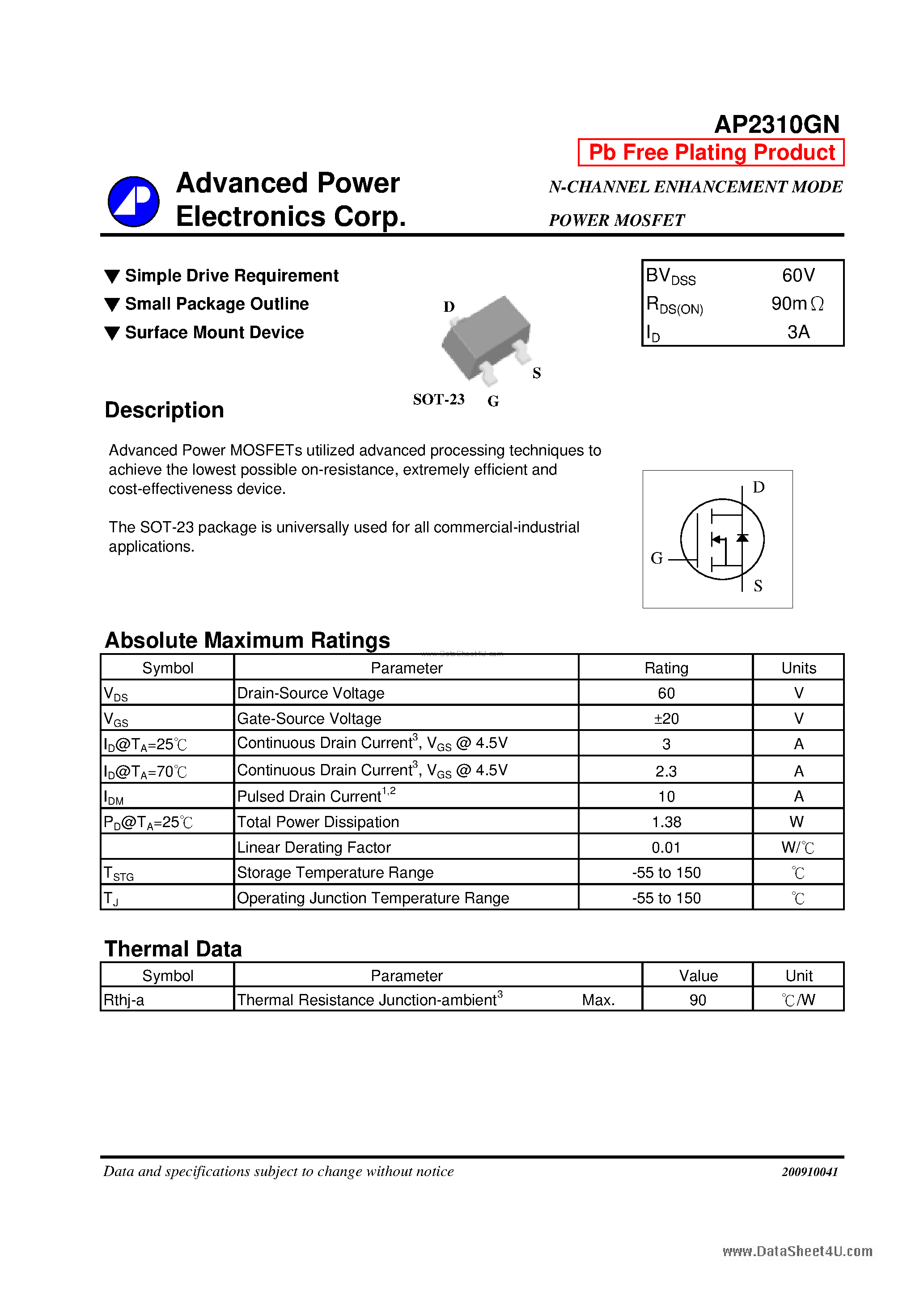 Datasheet AP2310GN - N-CHANNEL ENHANCEMENT MODE POWER MOSFET page 1