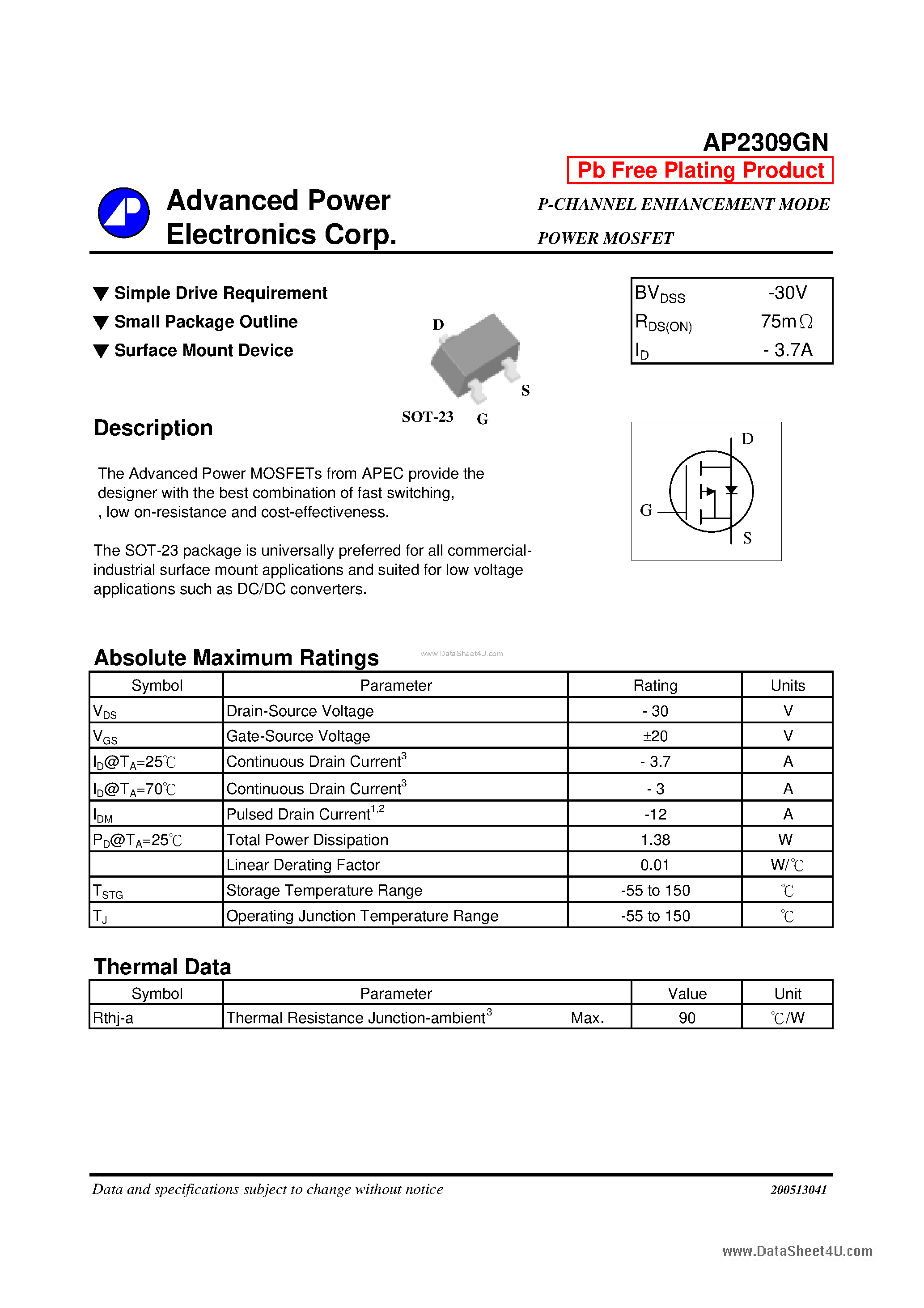 Даташит AP2309GN - P-CHANNEL ENHANCEMENT MODE POWER MOSFET страница 1