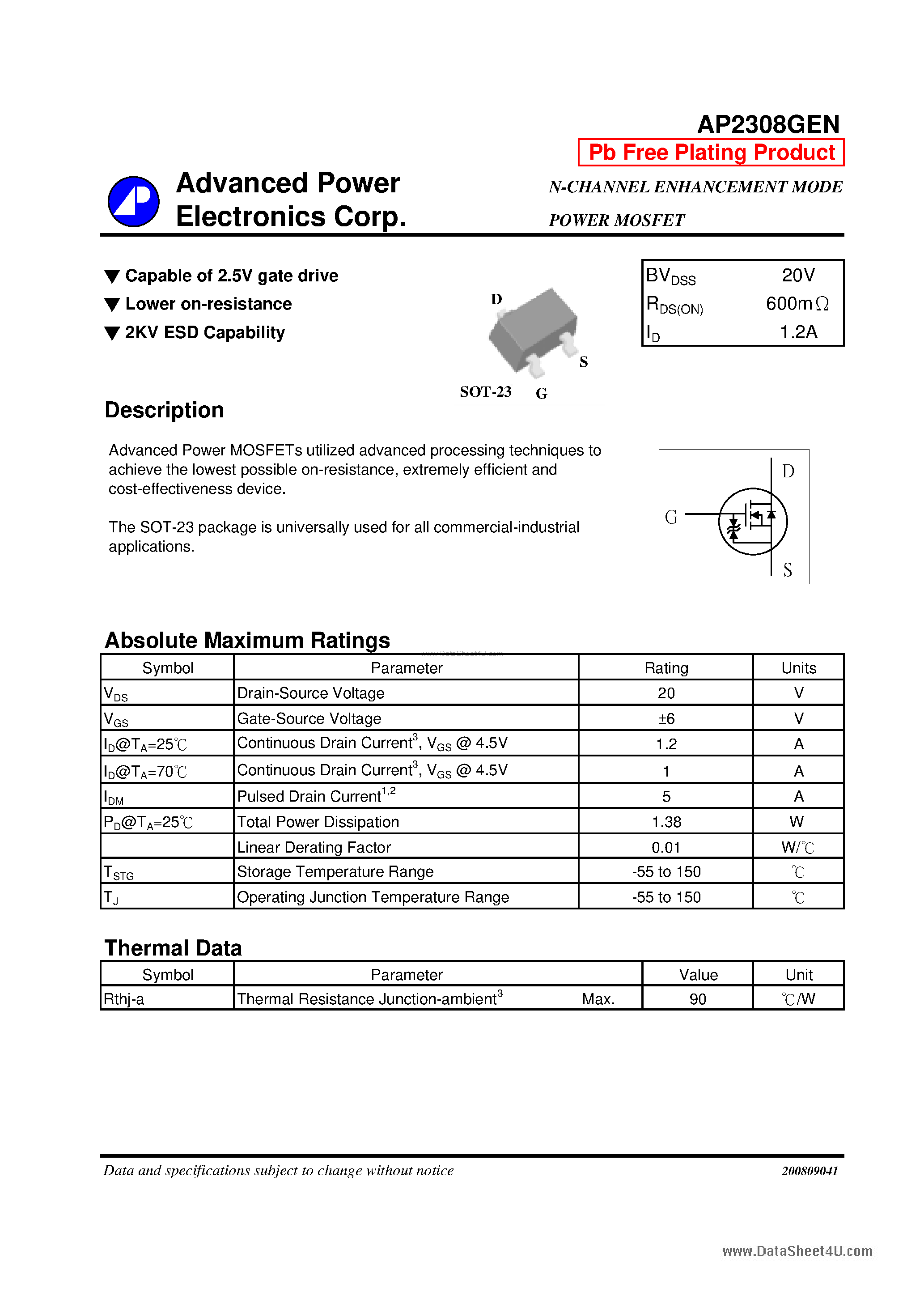 Datasheet AP2308GEN - N-CHANNEL ENHANCEMENT MODE POWER MOSFET page 1